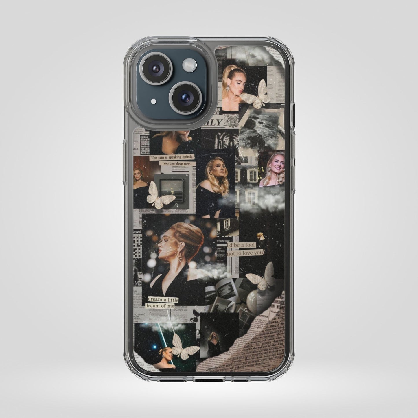 Adele Aesthetic Clear Phone Case with Butterfly Collage Design