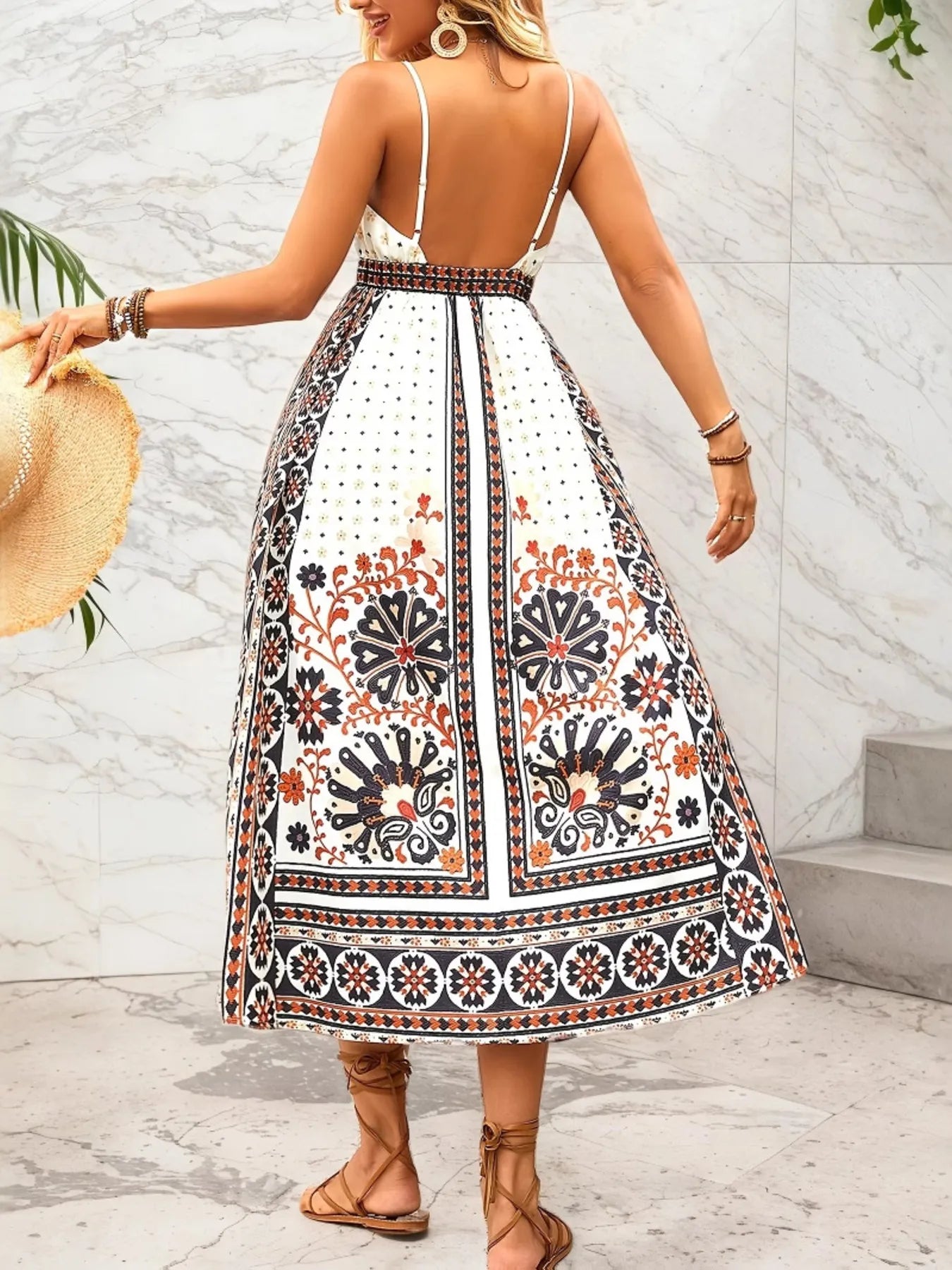 Printed V-Neck Midi Cami Dress - Roe Creation