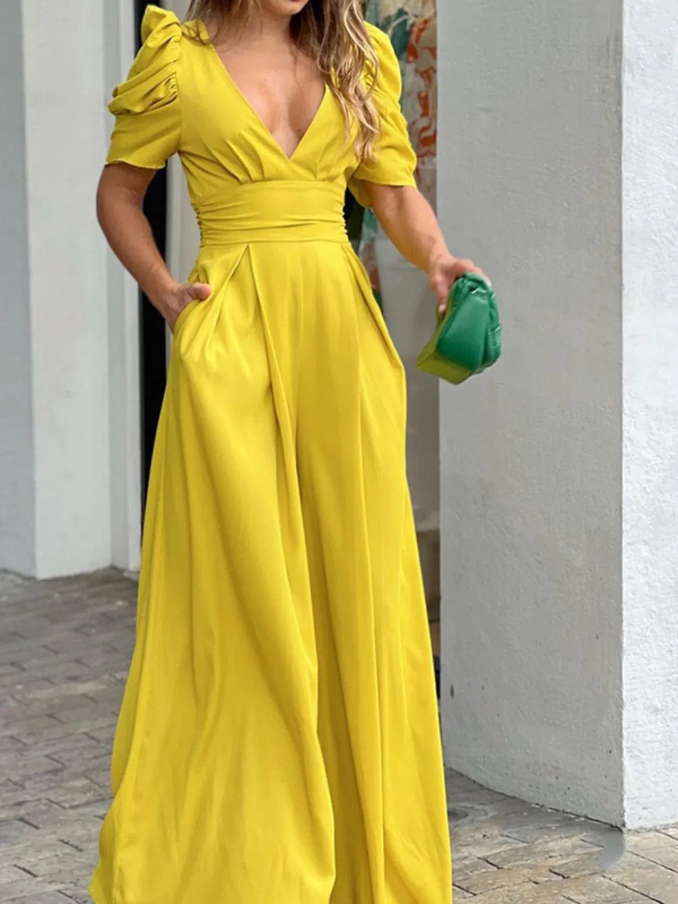 Full Size Cutout V-Neck Puff Sleeve Jumpsuit Plus Size - Roe Creation