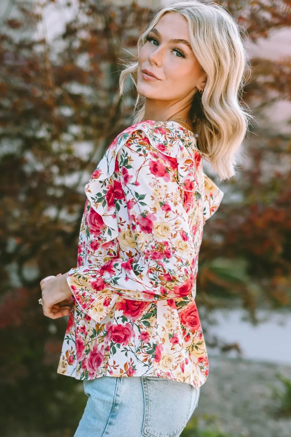 Floral Round Neck Smocked Blouse - Roe Creation
