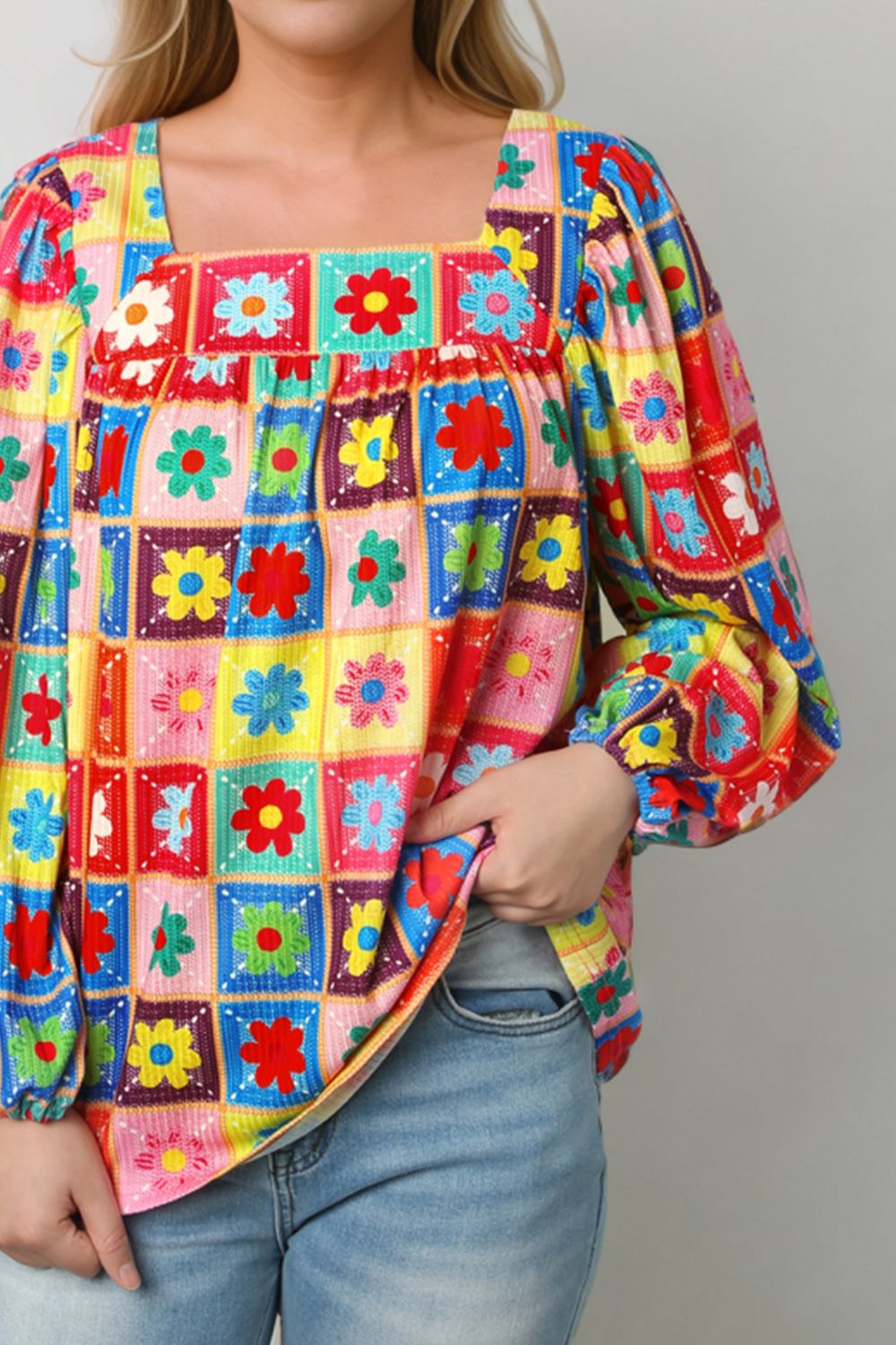 Vintage Retro Balloon Sleeve Blouse – Square Neck Printed Top for Women - Roe Creation