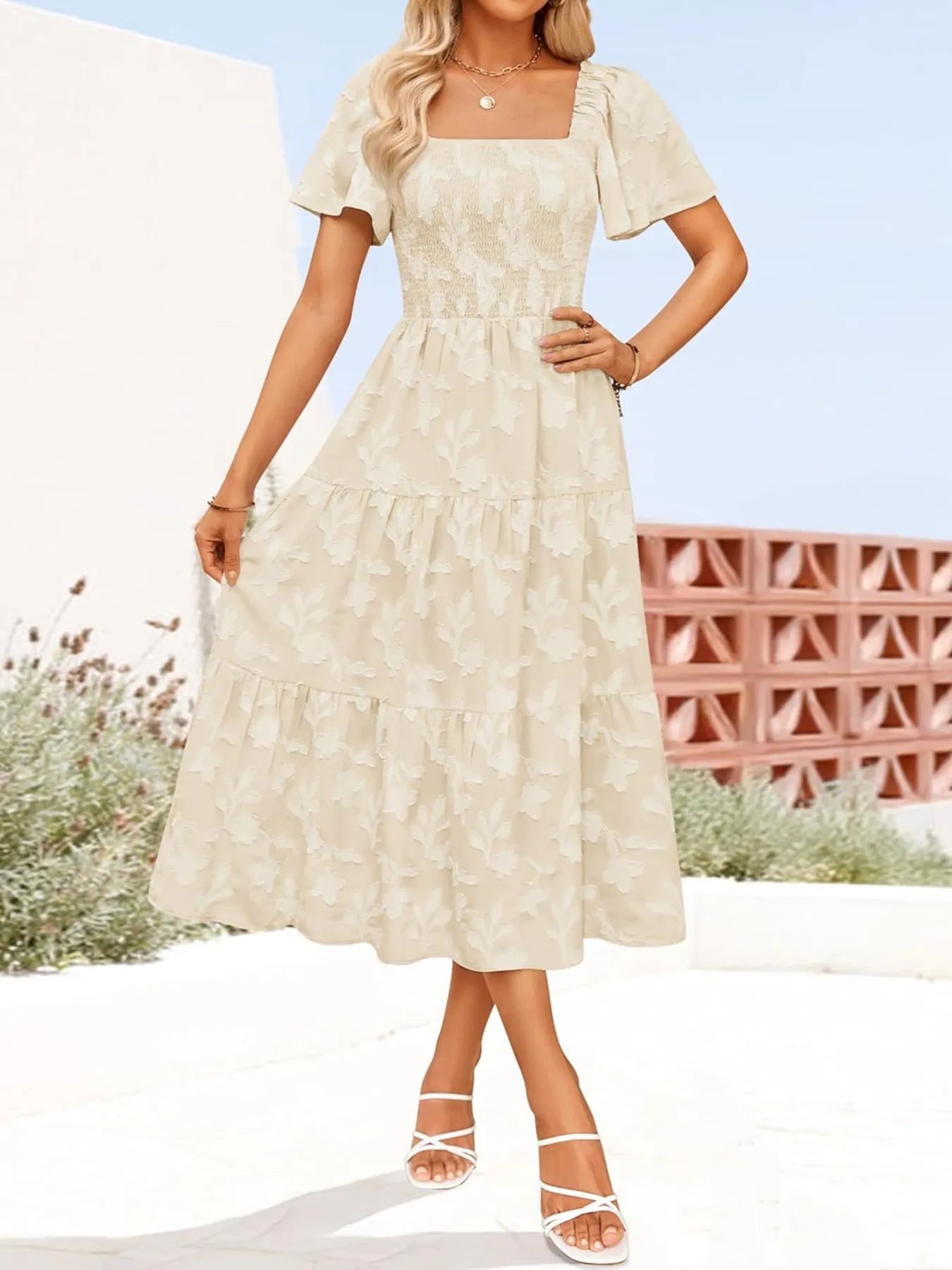 Smocked Square Neck Short Sleeve Dress - Roe Creation