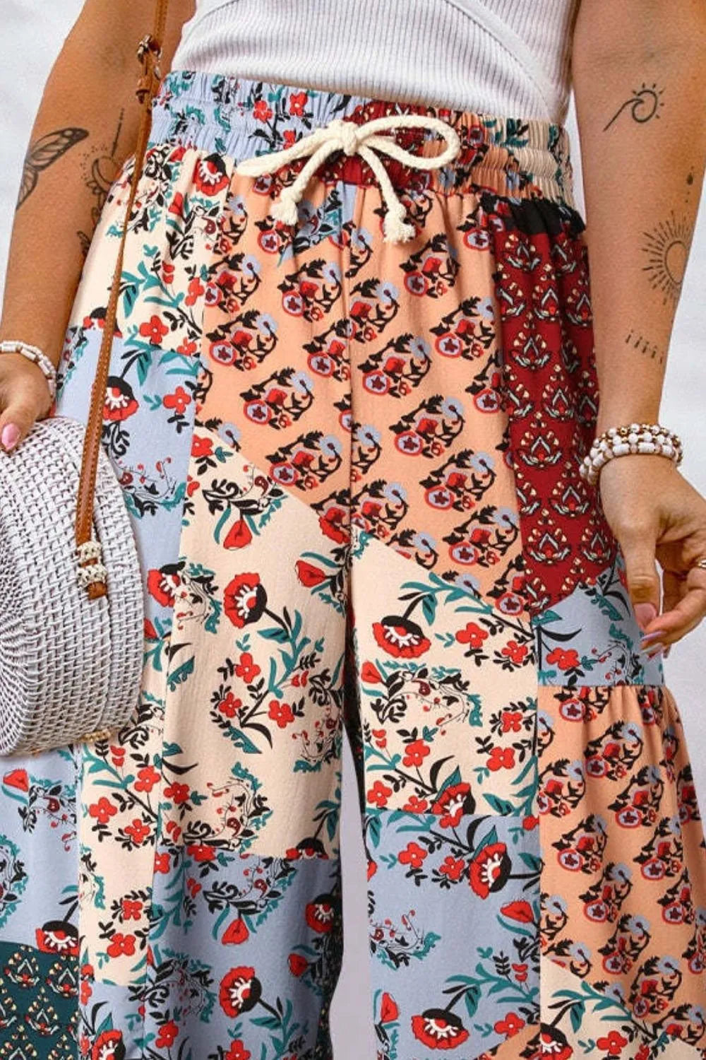 Full Size Drawstring Printed Wide Leg Pants - Roe Creation