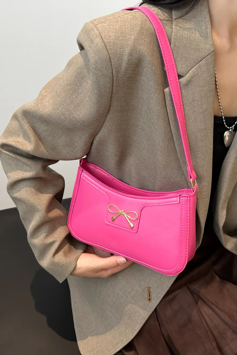 Bow Trim PU Leather Shoulder Bag - Roe Creation