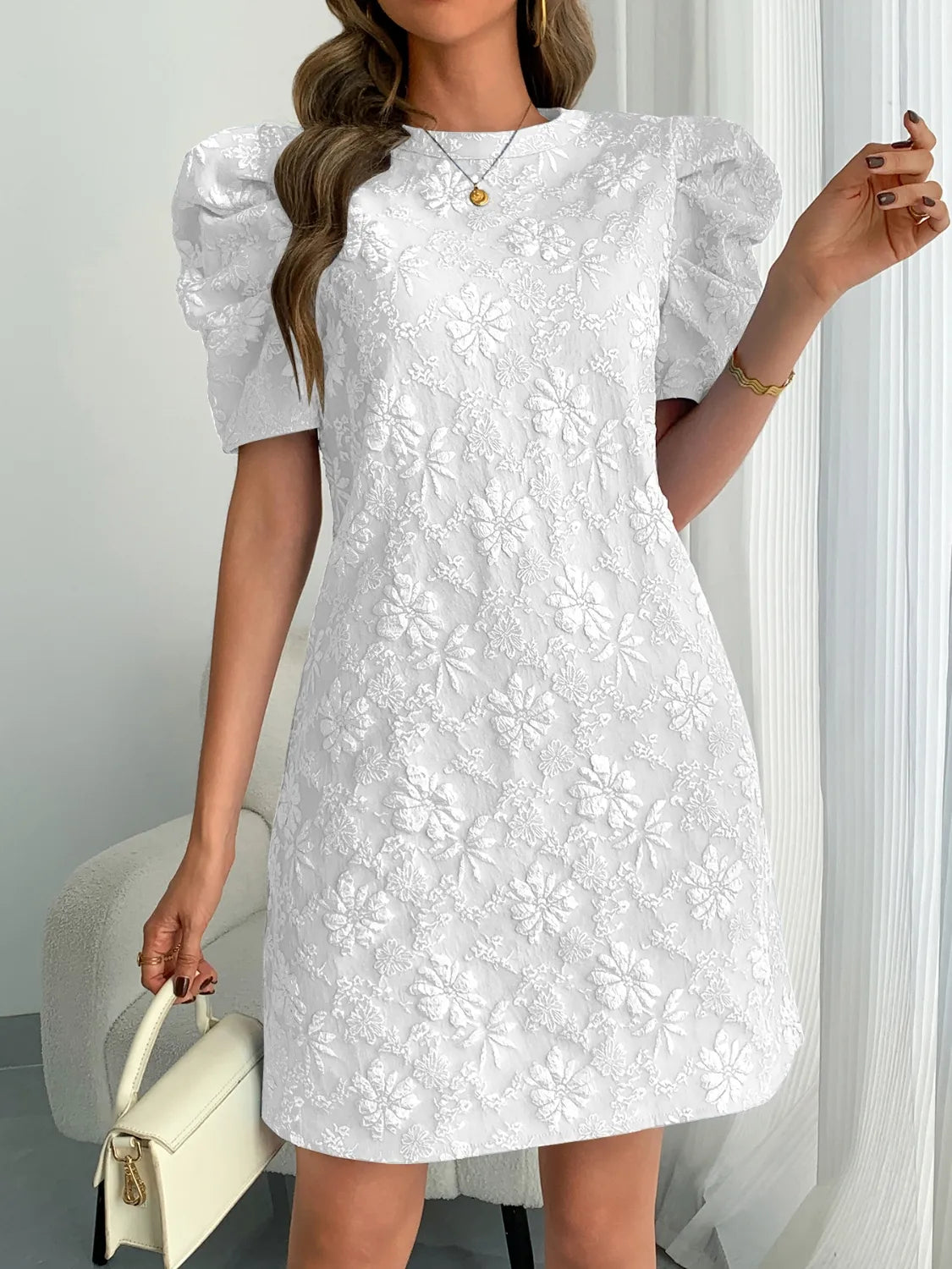 Round Neck Puff Short Sleeve Mini Dress - Roe Creation