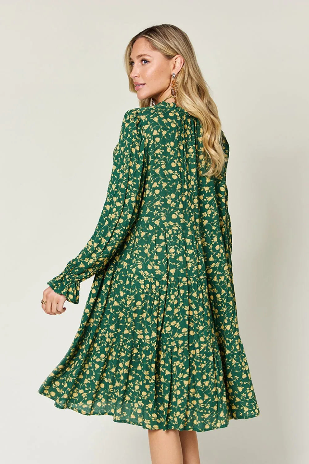 Double Take Full Size Printed Ruffle Hem Long Sleeve Tiered Dress - Roe Creation