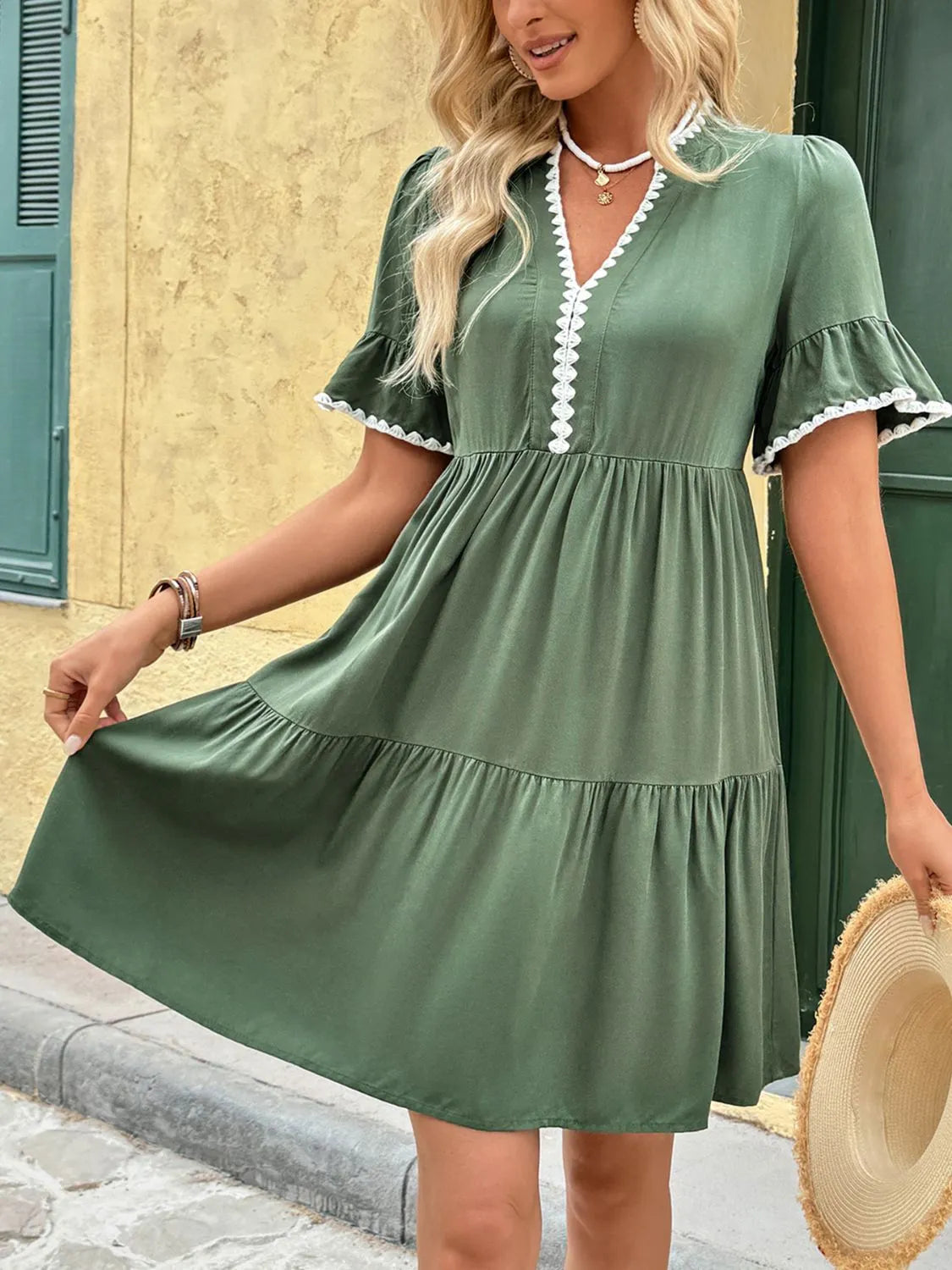 Lace Trim Notched Neck Mini Dress with Flounce Sleeves – Chic Summer Style - Roe Creation