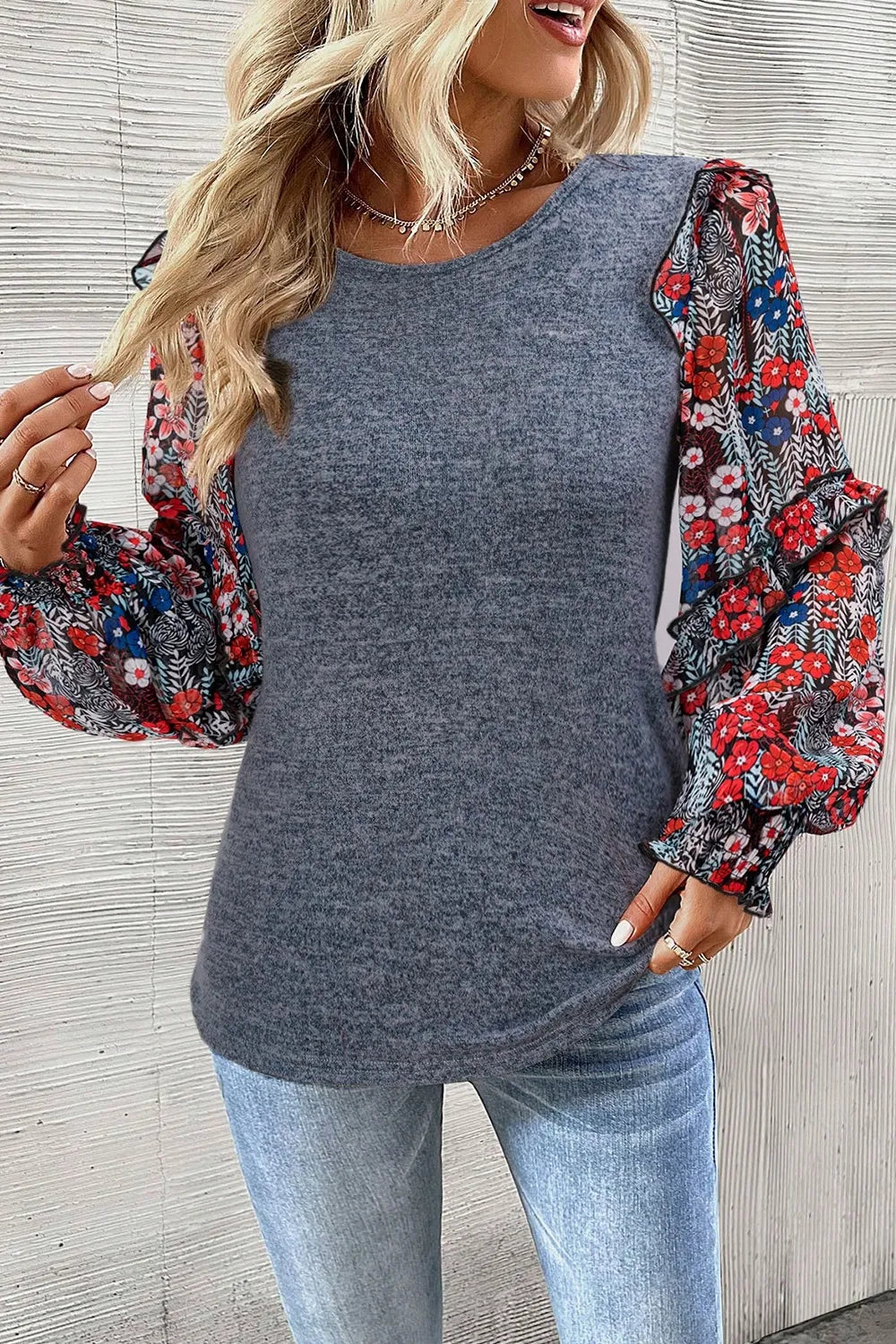 Heathered Floral Frill Lantern Sleeve Blouse - Roe Creation