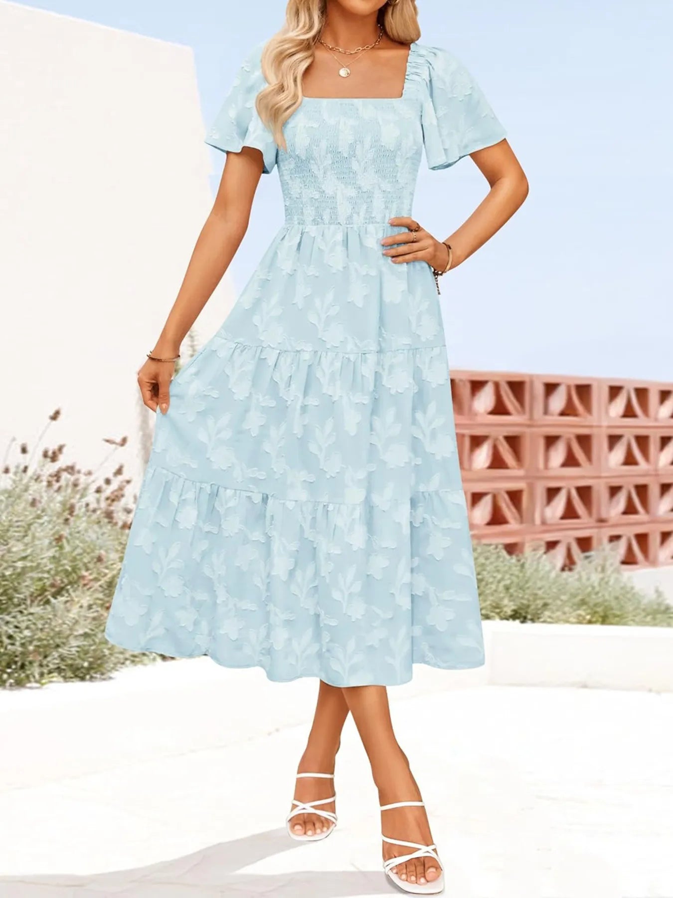 Smocked Square Neck Short Sleeve Dress - Roe Creation