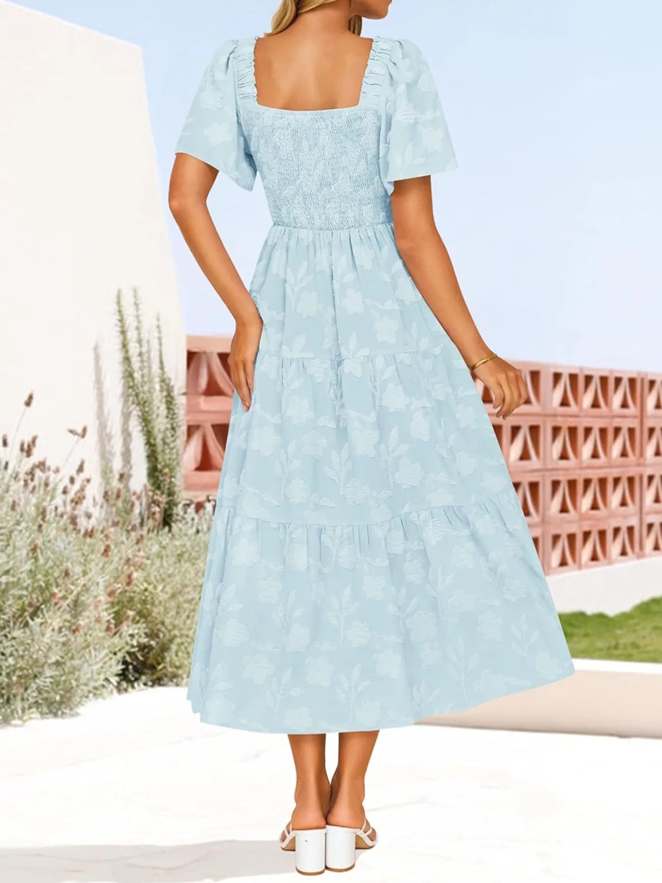 Smocked Square Neck Short Sleeve Dress - Roe Creation