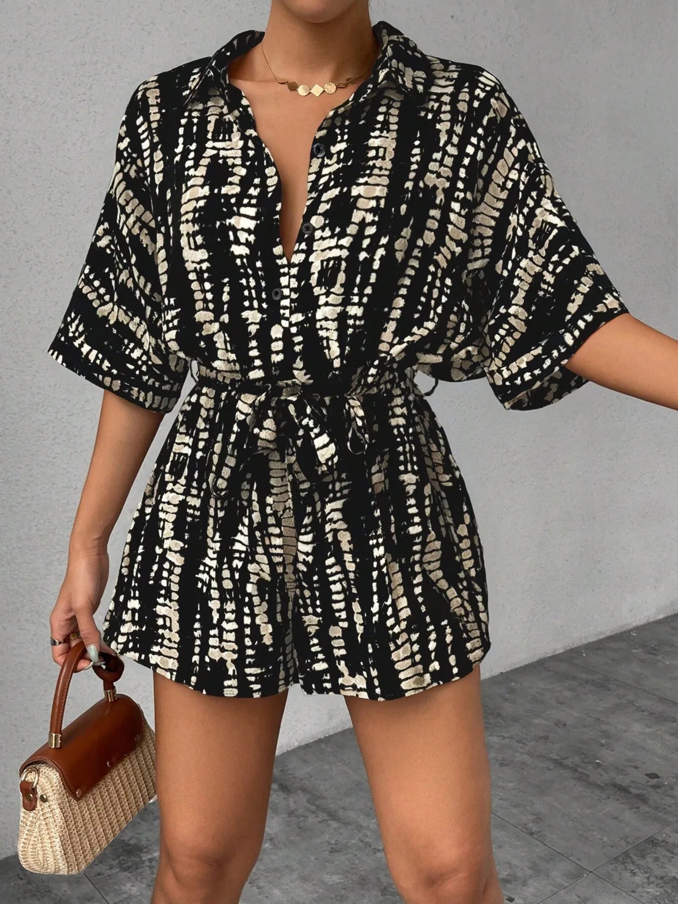 Tie Dye Print Collar Neck Short Sleeve Romper - Roe Creation