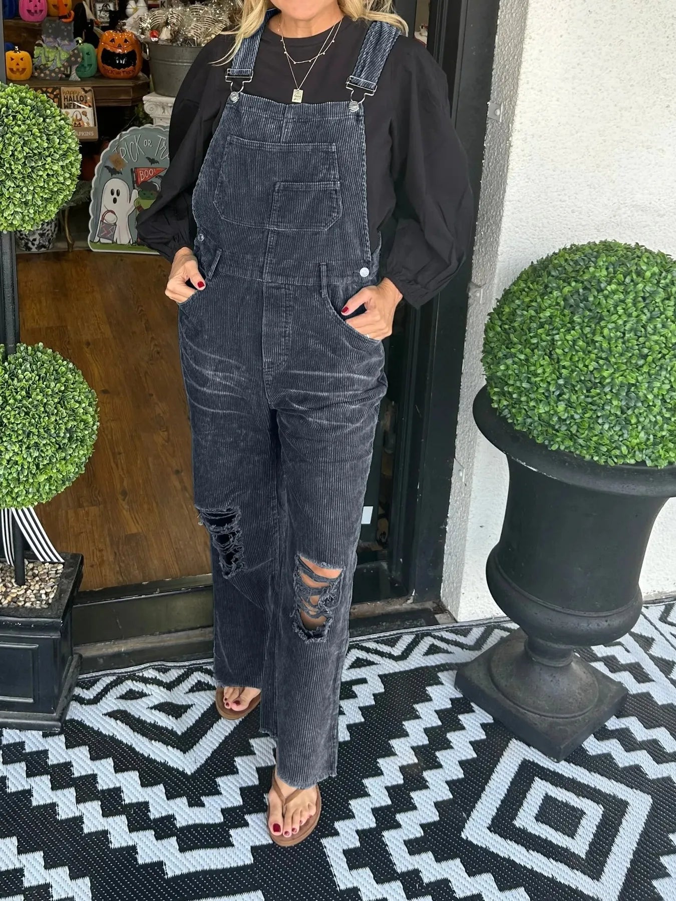 Distressed Wide Leg Corduroy Overalls - Roe Creation