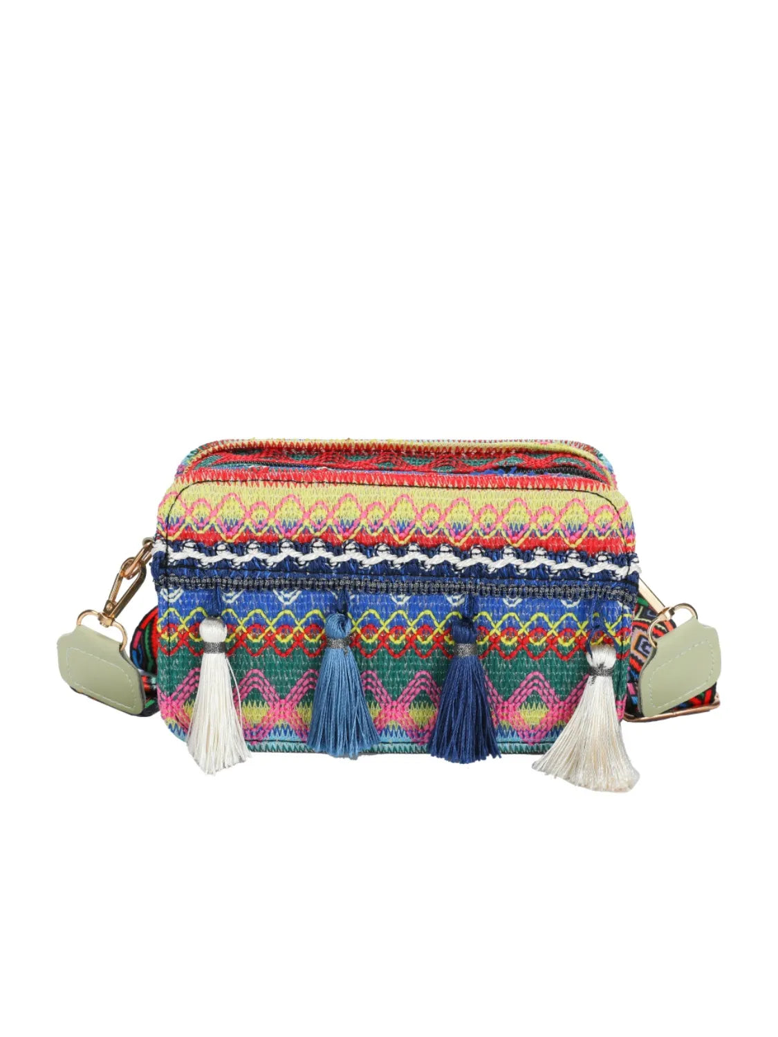 Bohemian Tassel Trim Crossbody Bag with Ethnic Pattern - Roe Creation