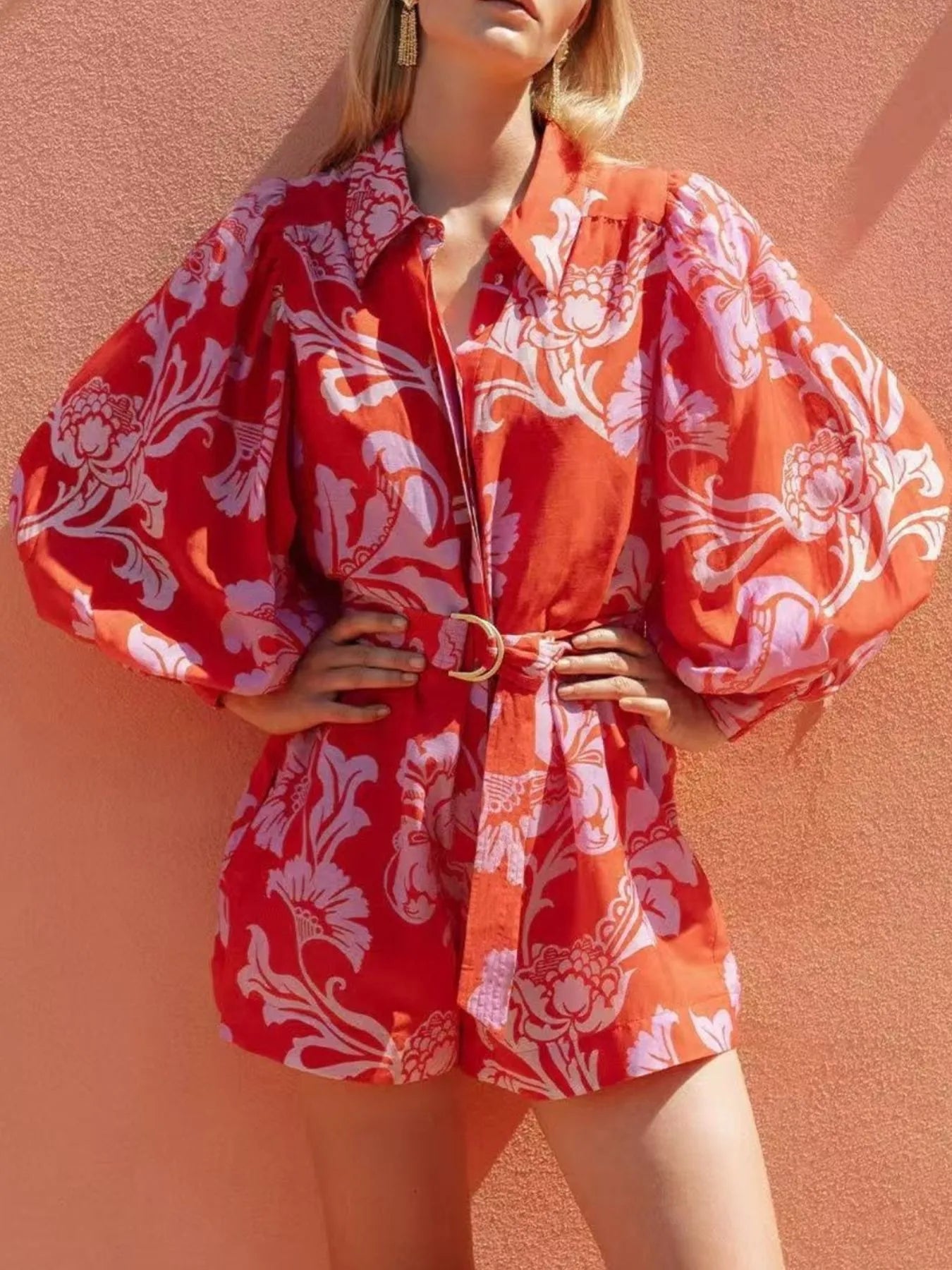 Printed Long Sleeve Belted Romper - Roe Creation