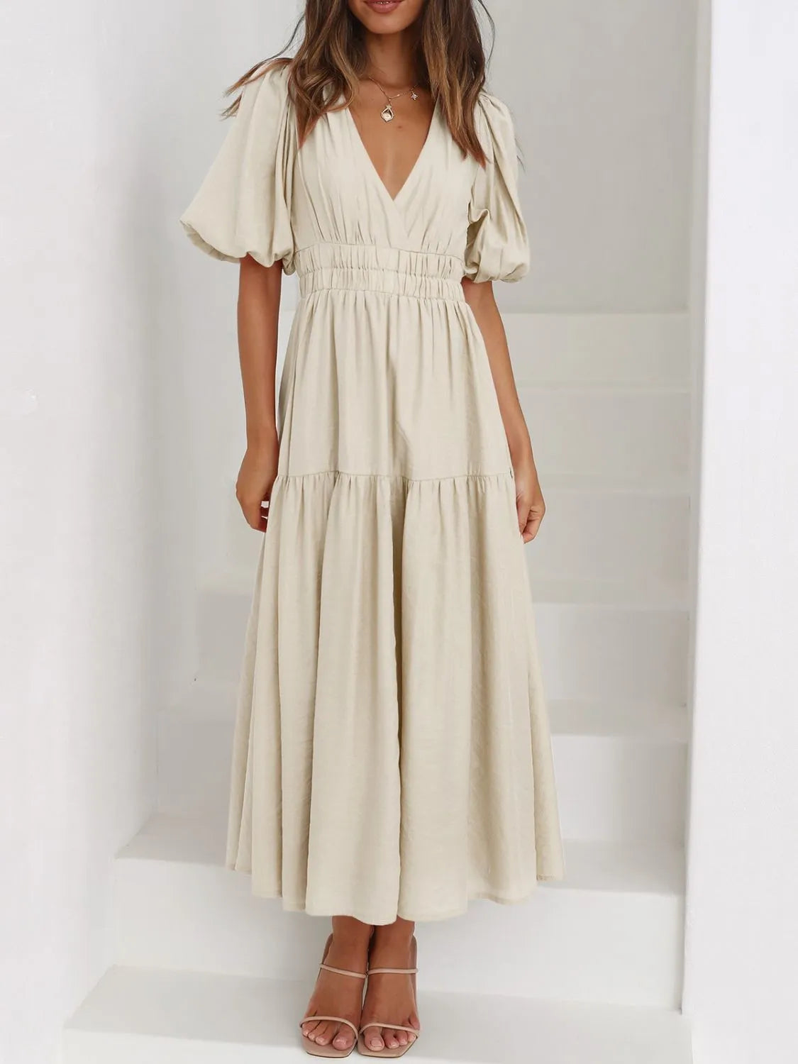 V-Neck Puff Sleeve Midi Dress - Roe Creation
