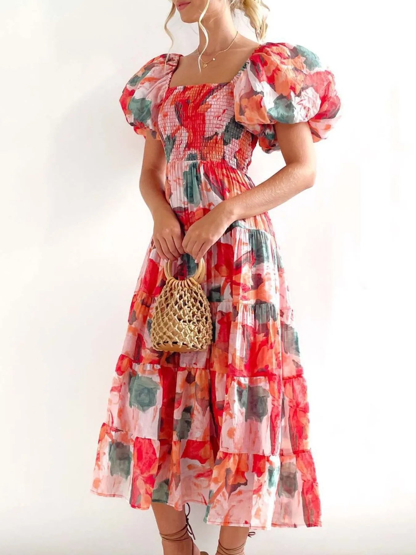 Floral Smocked Puff Sleeve Tiered Dress - Roe Creation