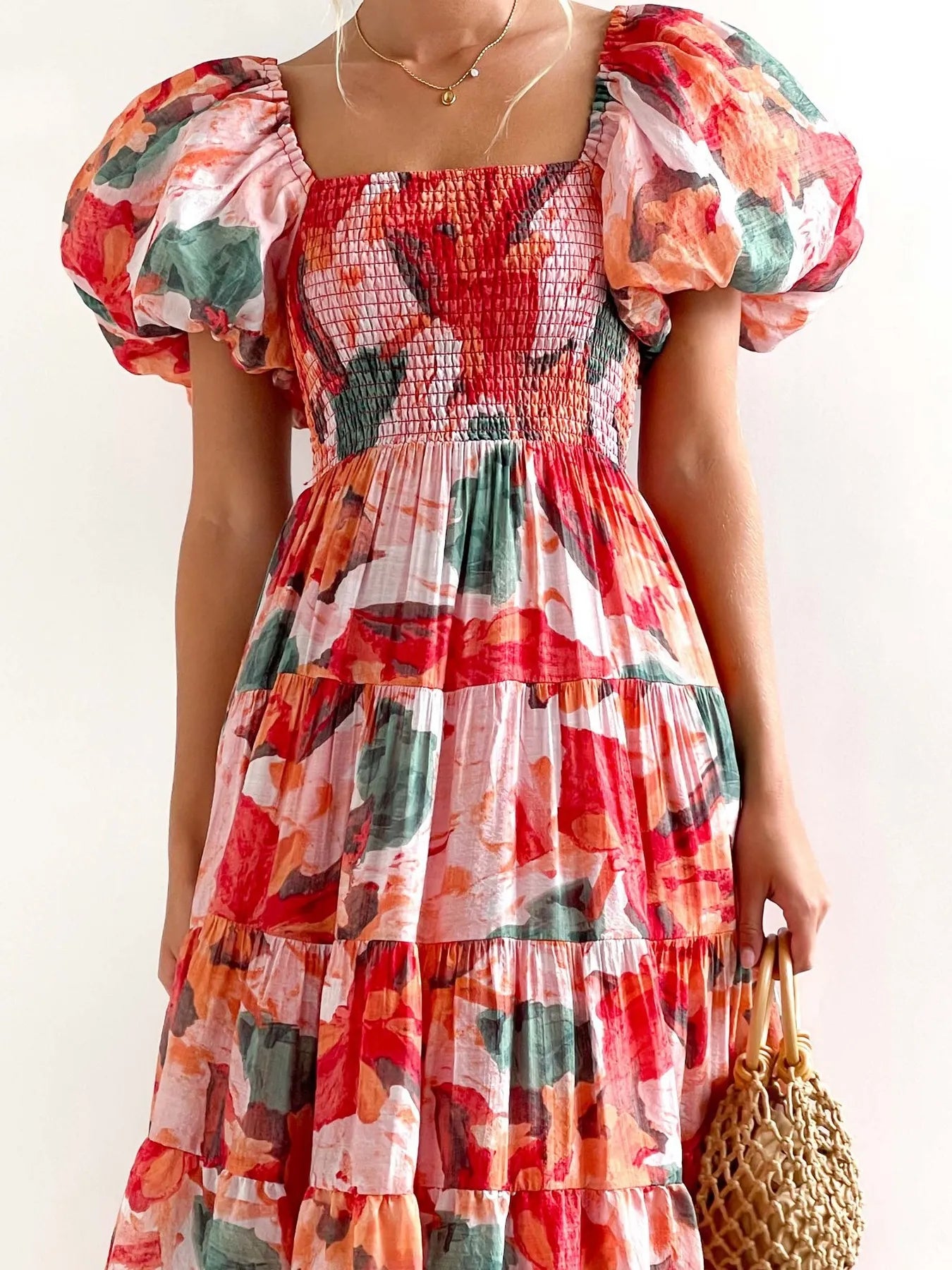 Floral Smocked Puff Sleeve Tiered Dress - Roe Creation
