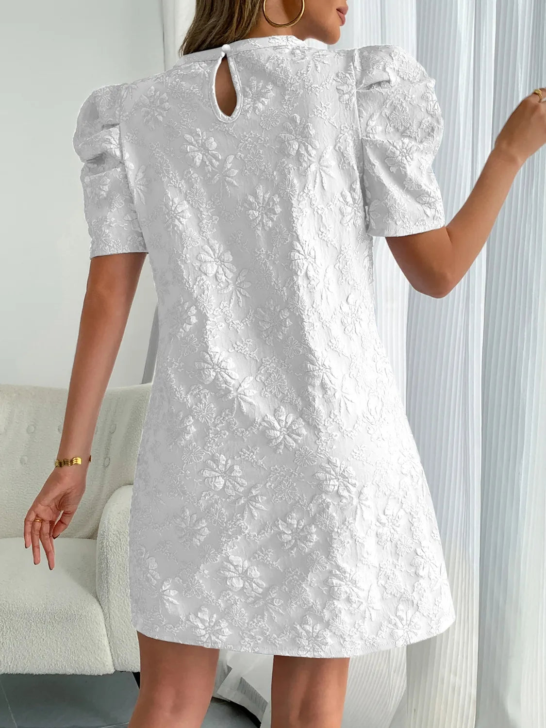 Round Neck Puff Short Sleeve Mini Dress - Roe Creation