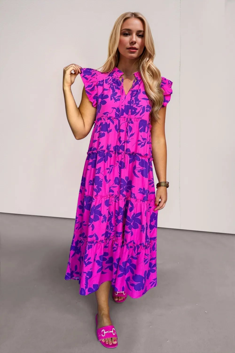 Oh Full Size Ruffled Printed Notched Cap Sleeve Midi Dress - Roe Creation