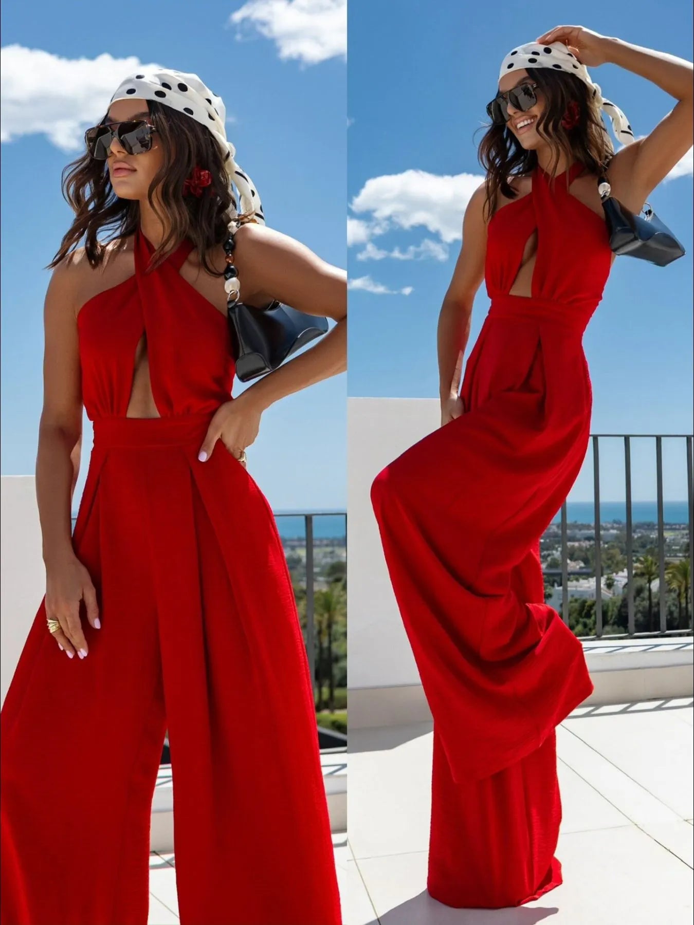 Wide Leg Cutout Halter Neck Jumpsuit - Roe Creation