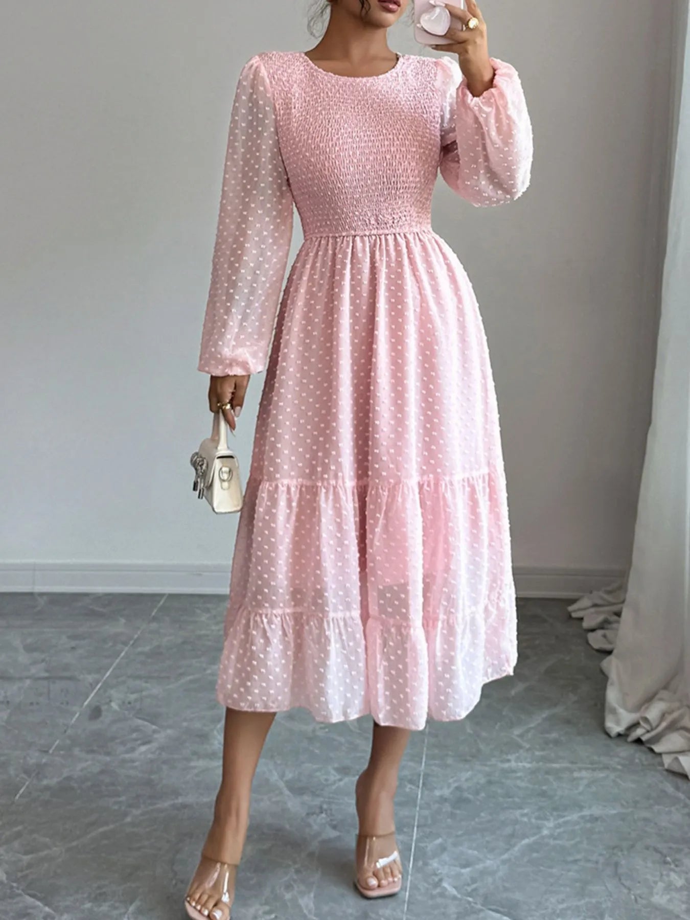 Polka Dot Long Sleeve Tiered Midi Dress - Roe Creation