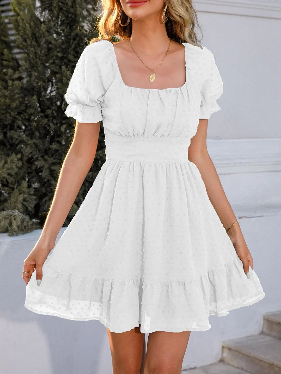 Swiss Dot Short Sleeve Mini Dress - Roe Creation