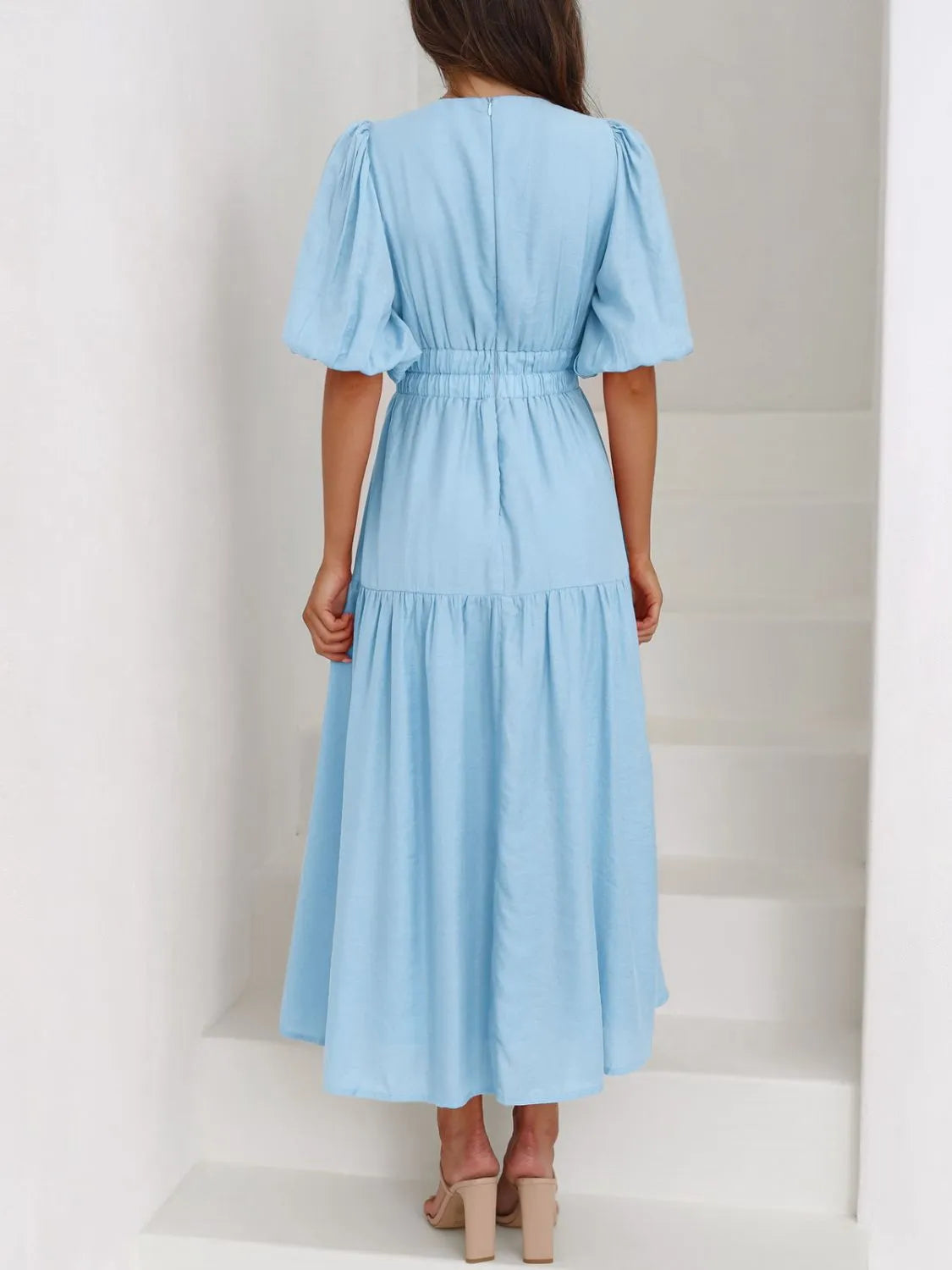 V-Neck Puff Sleeve Midi Dress - Roe Creation