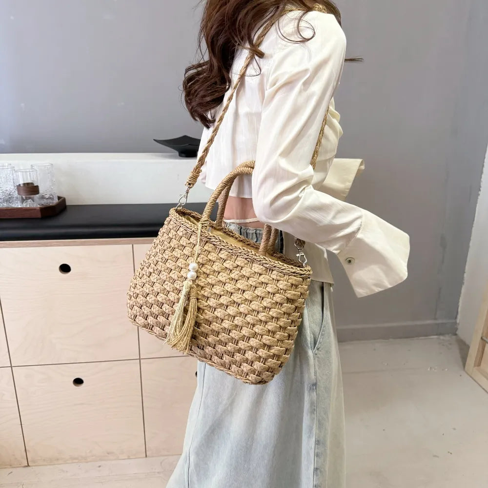 Braided Strap Paper Weave Shoulder Bag - Roe Creation