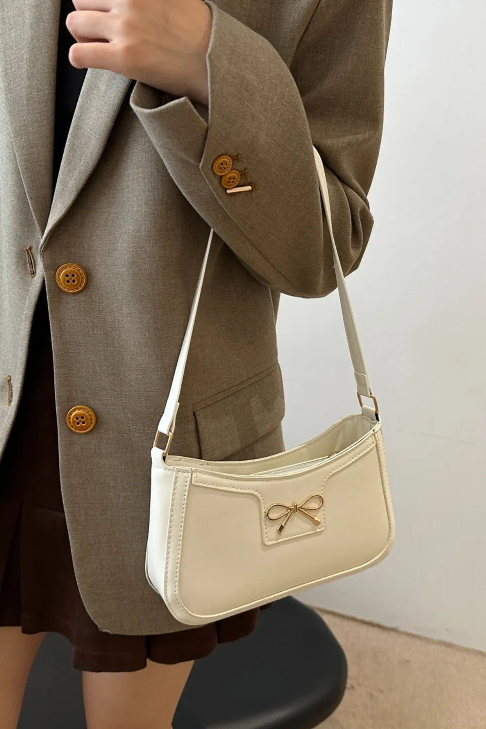 Bow Trim PU Leather Shoulder Bag - Roe Creation