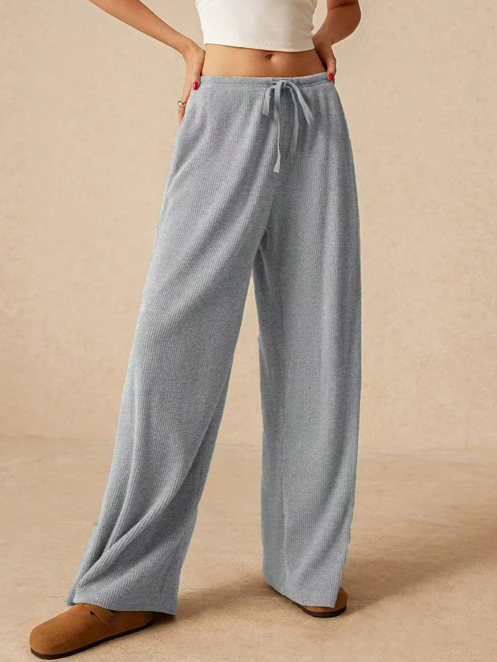 Ribbed Drawstring Wide Leg Pants - Roe Creation