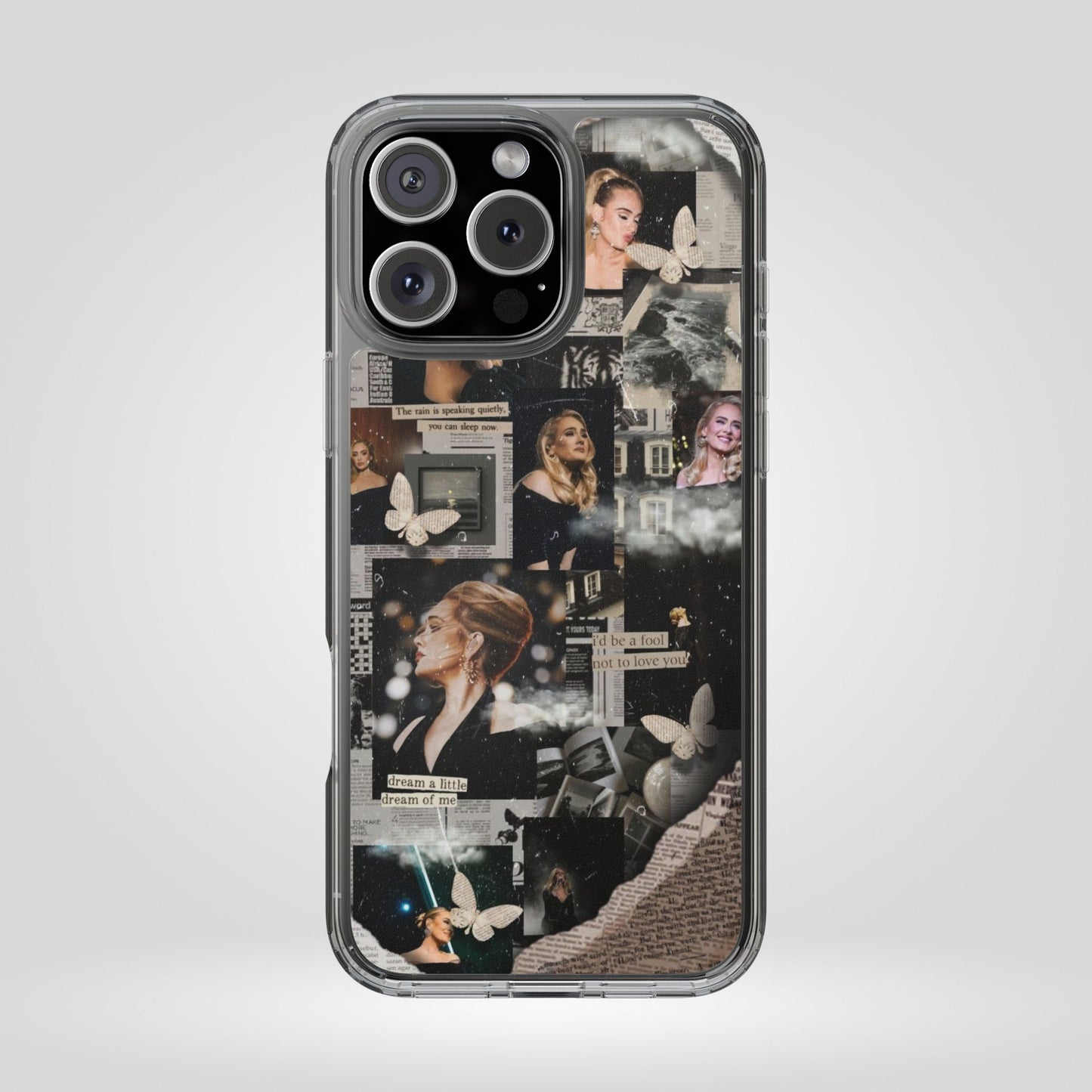 Adele Aesthetic Clear Phone Case with Butterfly Collage Design