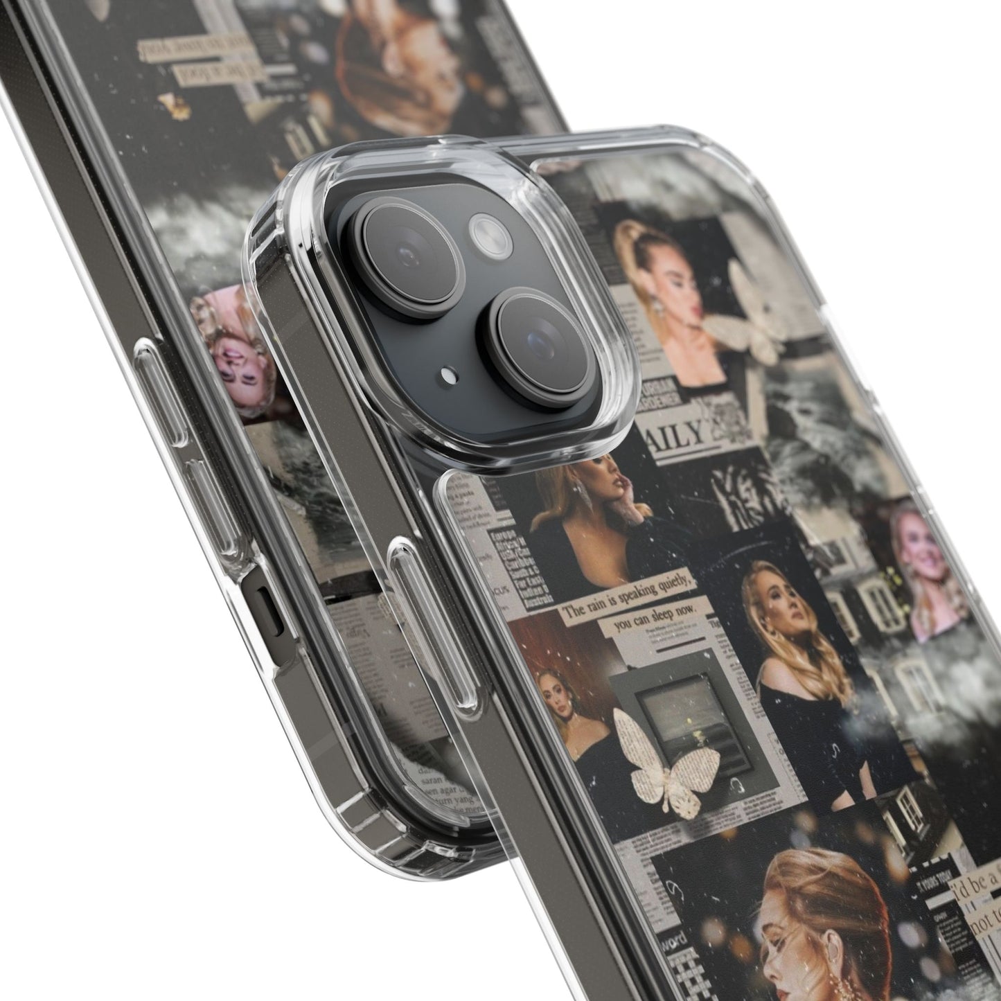 Adele Aesthetic Clear Phone Case with Butterfly Collage Design
