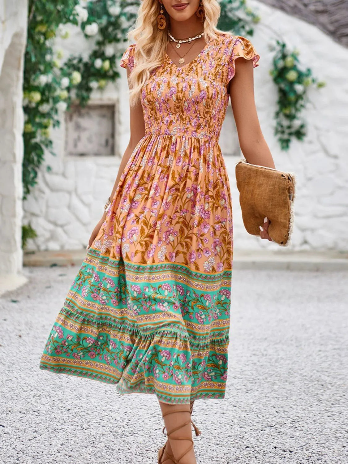 Printed Round Neck Cap Sleeve Dress - Roe Creation