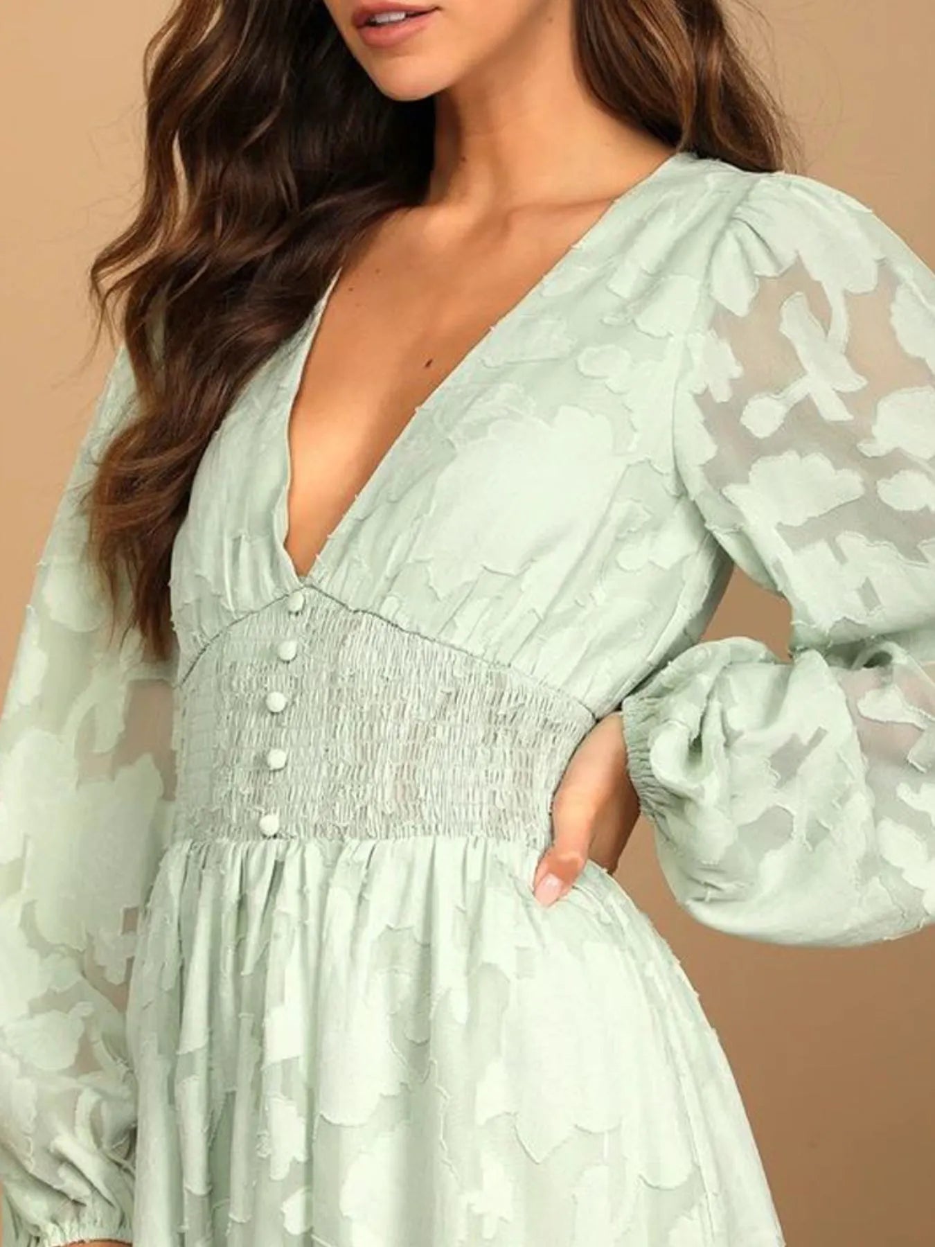 Smocked V-Neck Balloon Sleeve Dress - Roe Creation