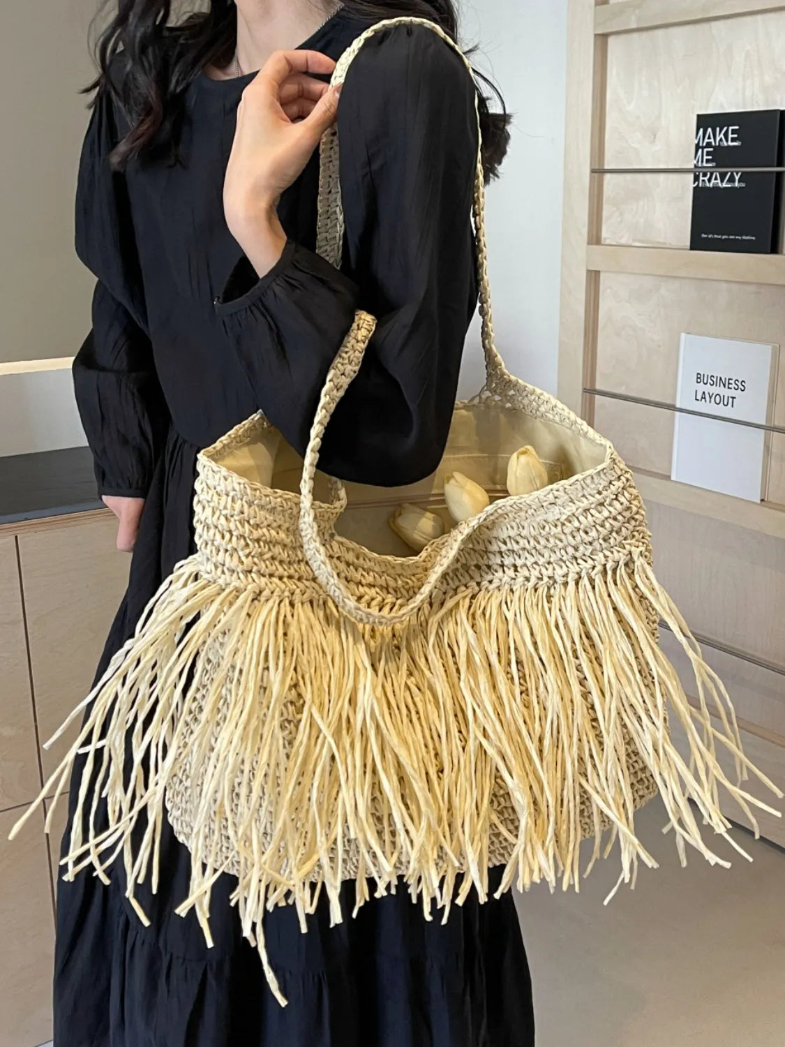 Bohemian Straw Fringe Hobo Handbag - Roe Creation