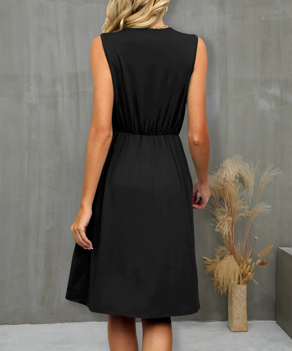 V-Neck Sleeveless Midi Dress with Lace Trim - Roe Creation