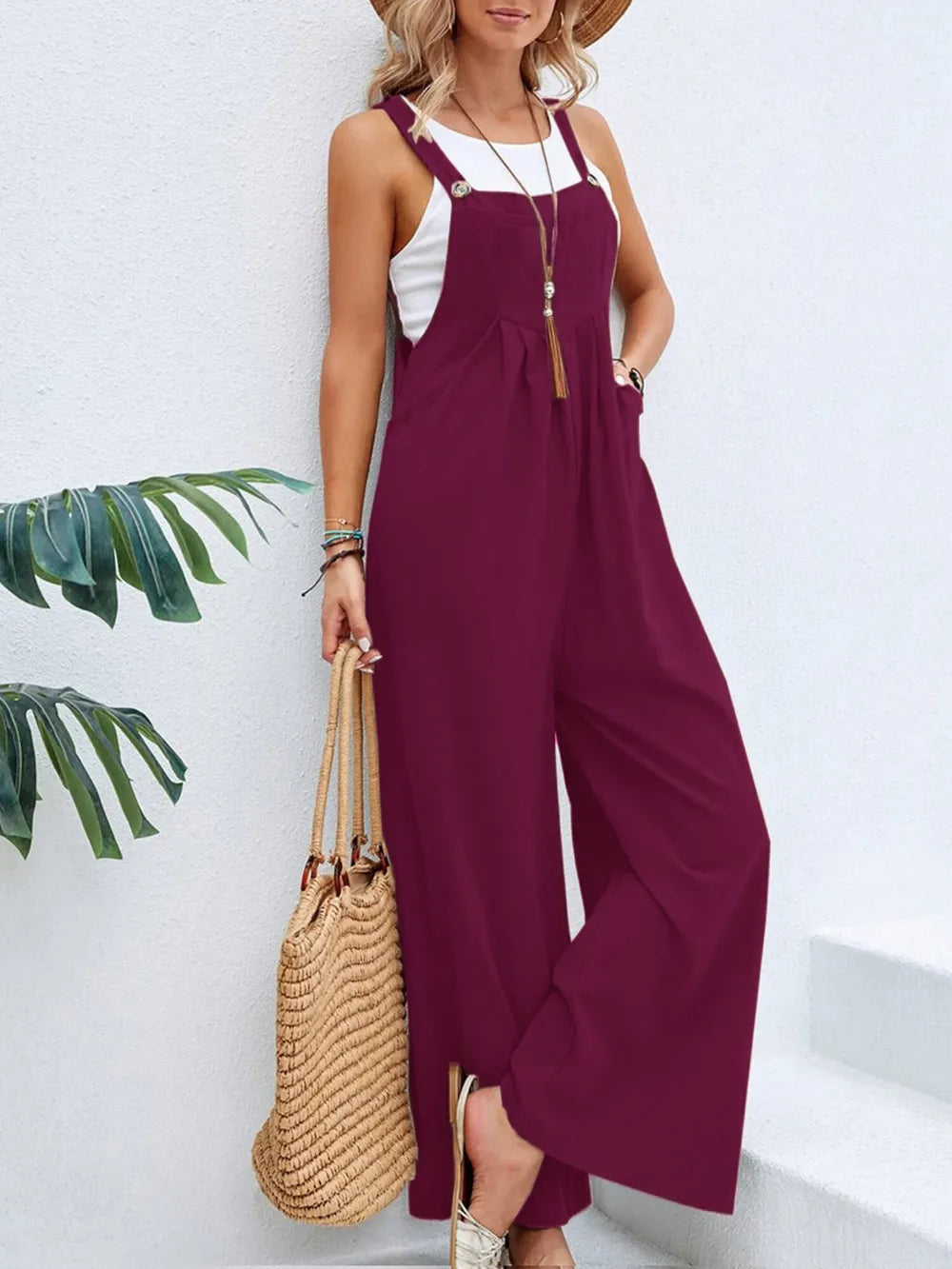 Full Size Square Neck Wide Strap Overalls - Roe Creation