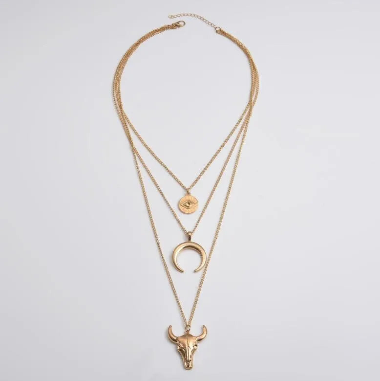 Alloy Three-Layered Bull Head Pendant Necklace - Roe Creation