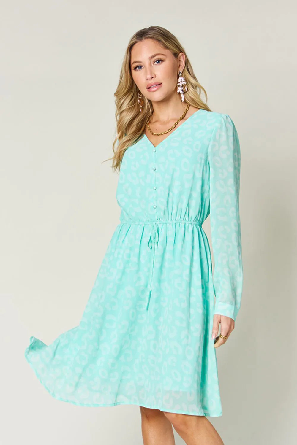 Double Take Full Size Printed Ruched V-Neck Long Sleeve Dress - Roe Creation