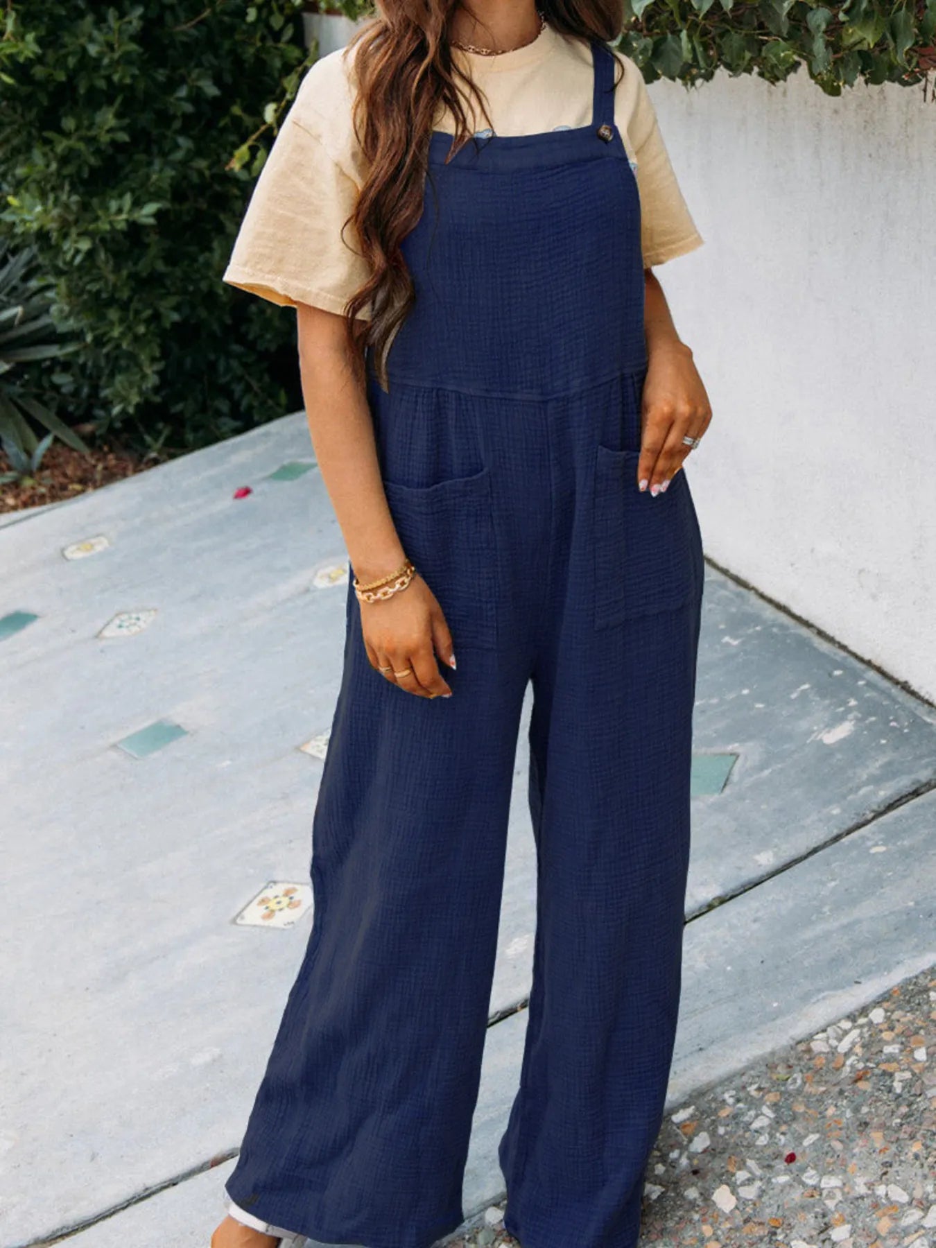 Full Size Casual Wide Leg Textured Overalls Plus Size - Roe Creation