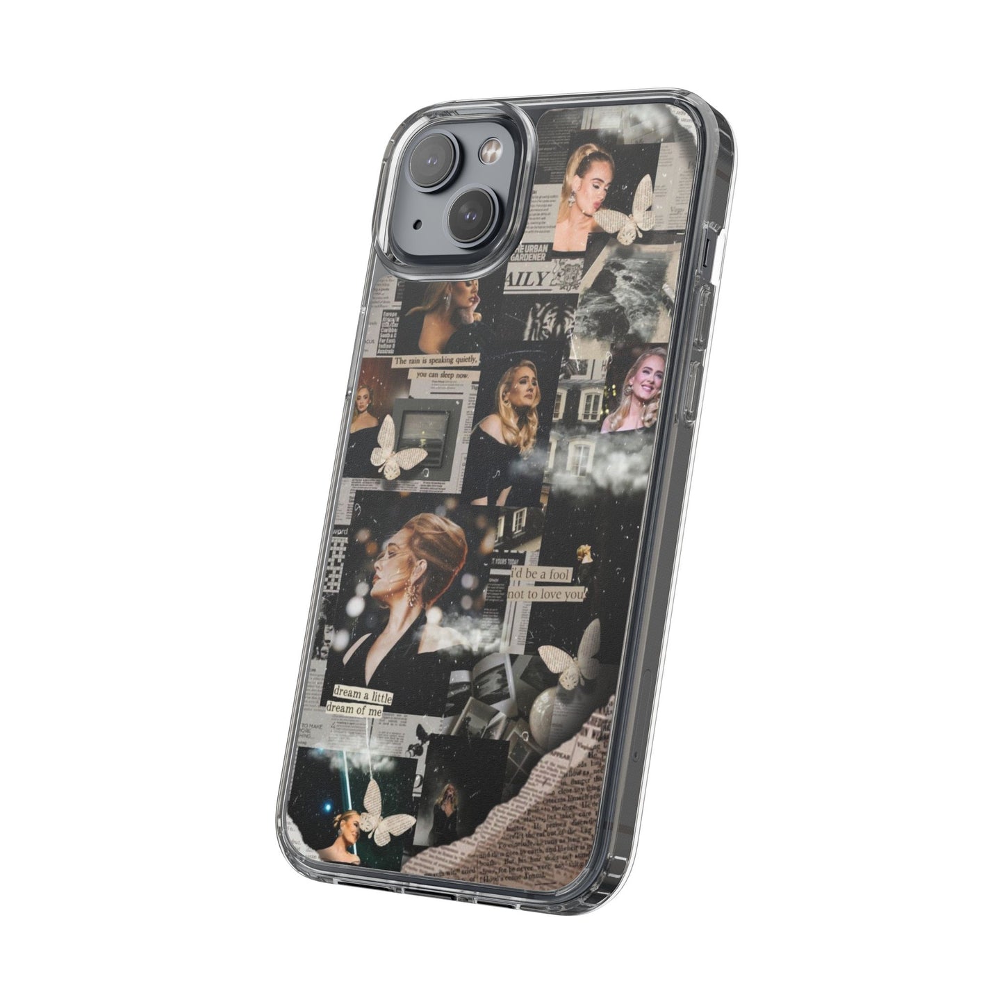 Adele Aesthetic Clear Phone Case with Butterfly Collage Design