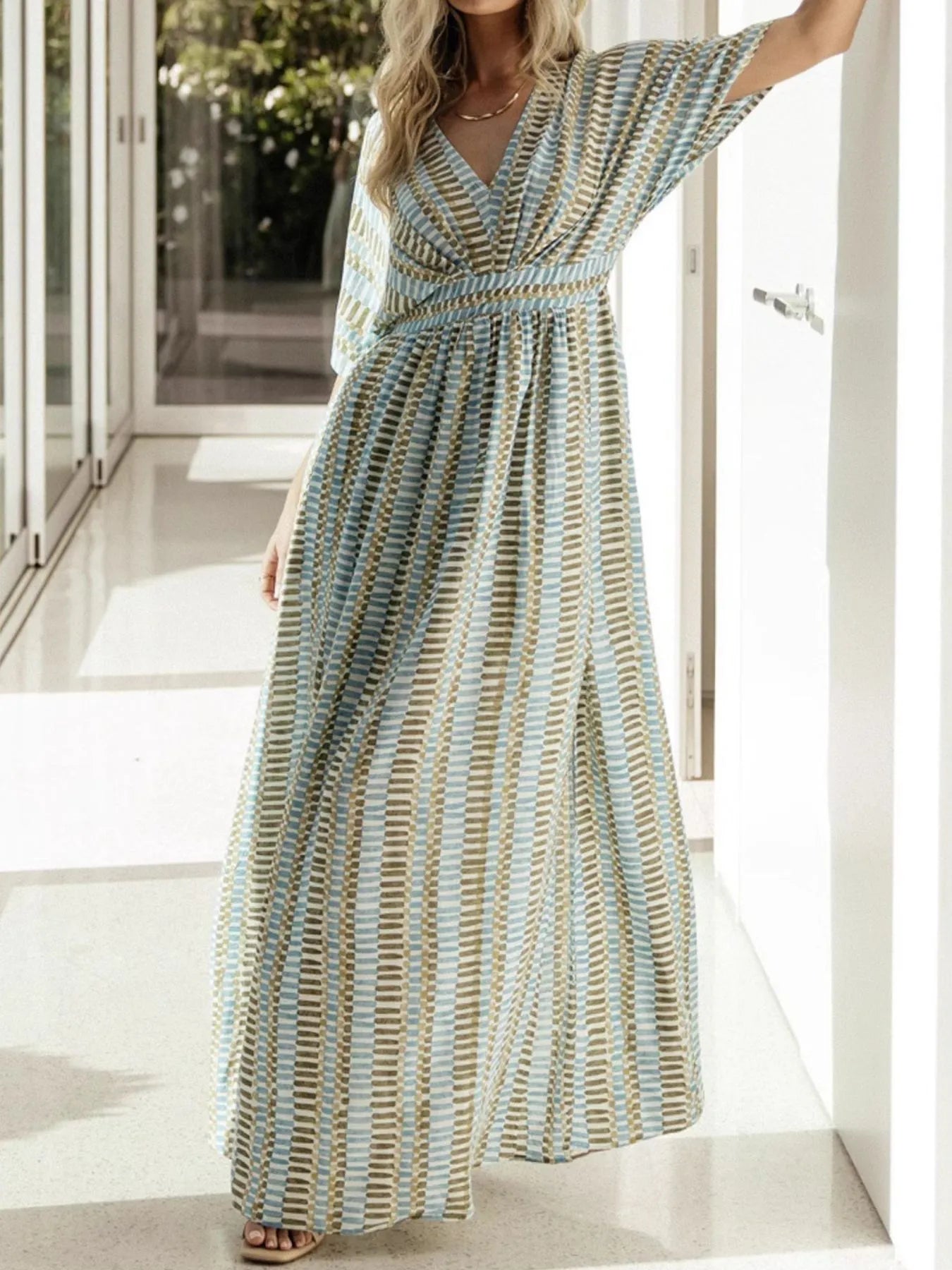 Slit V-Neck Short Sleeve Maxi Dress - Roe Creation