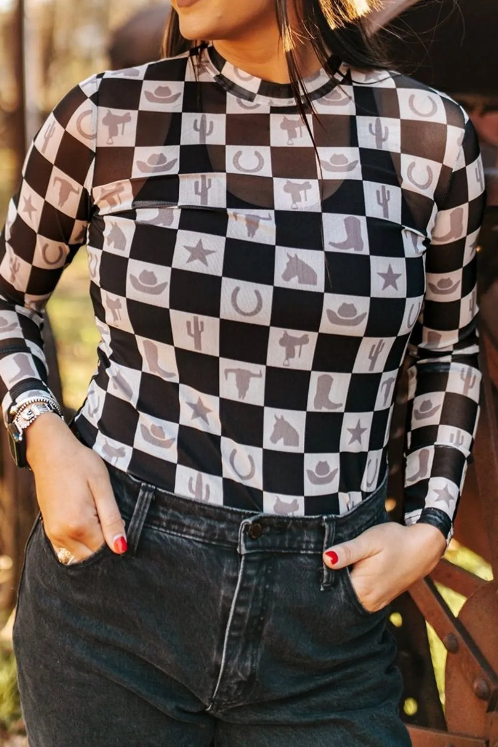 Checkered Mock Neck Long Sleeve Top - Roe Creation