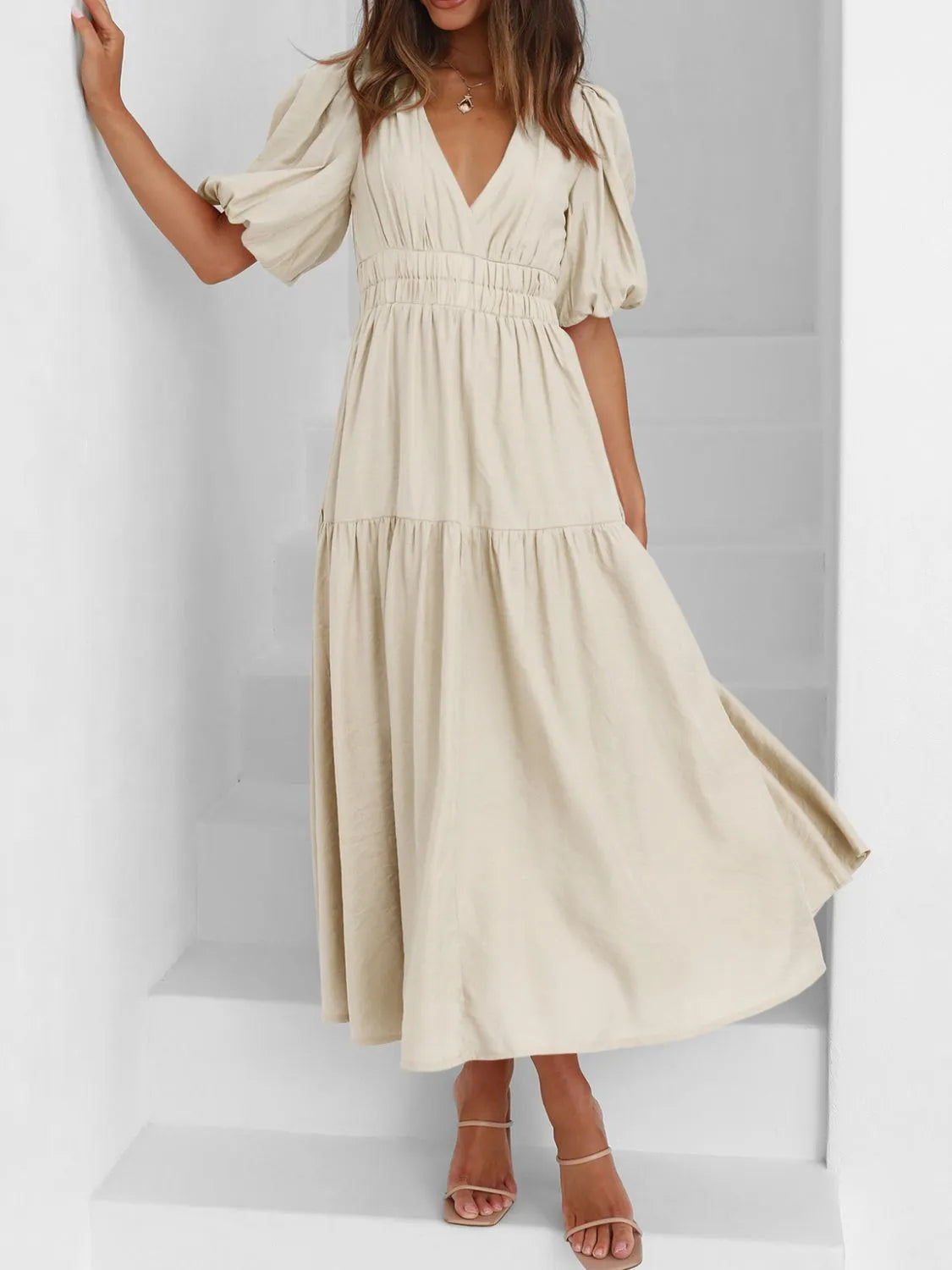 V-Neck Puff Sleeve Midi Dress - Roe Creation