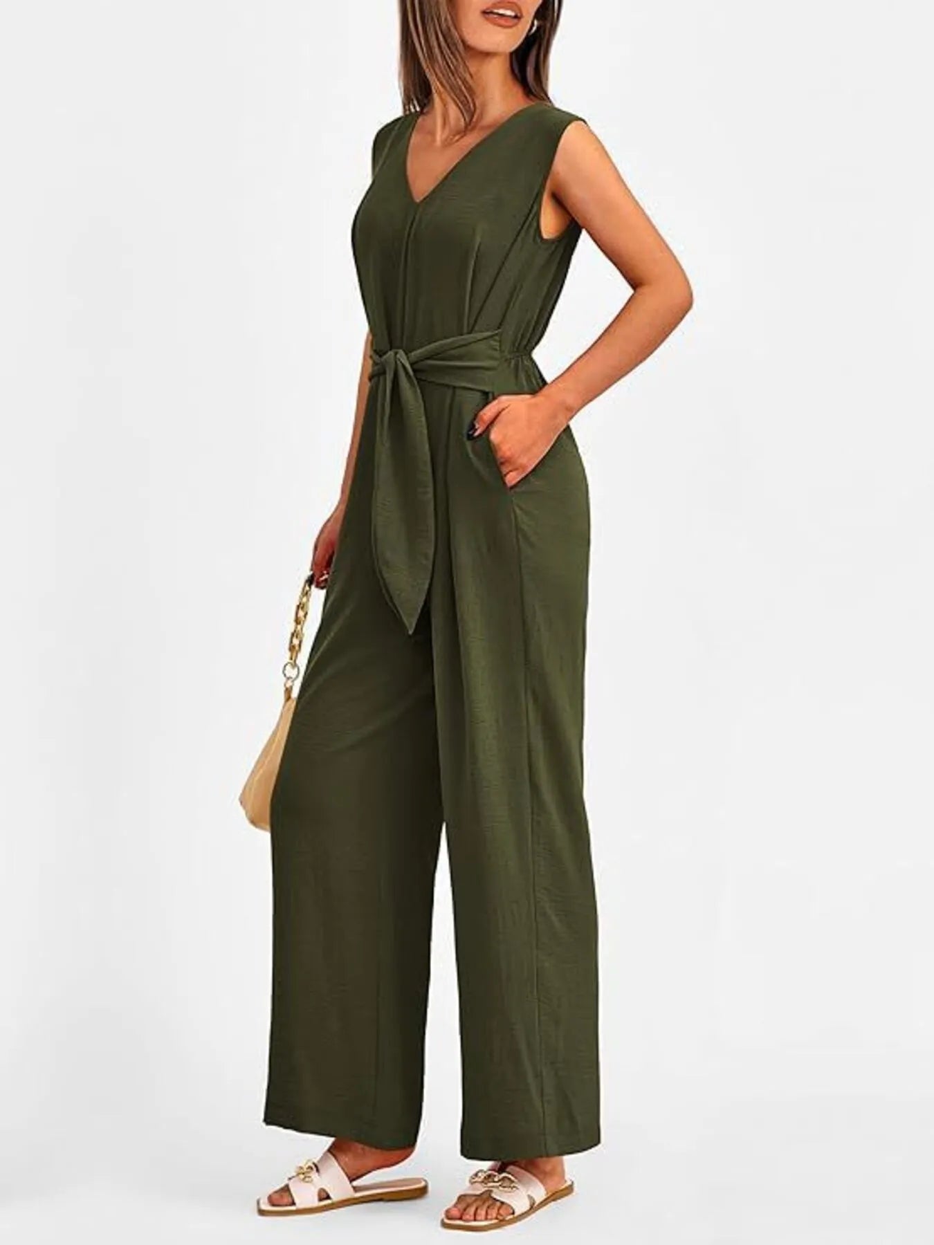 V-Neck Sleeveless Wide-Leg Jumpsuit with Waist Tie - Roe Creation