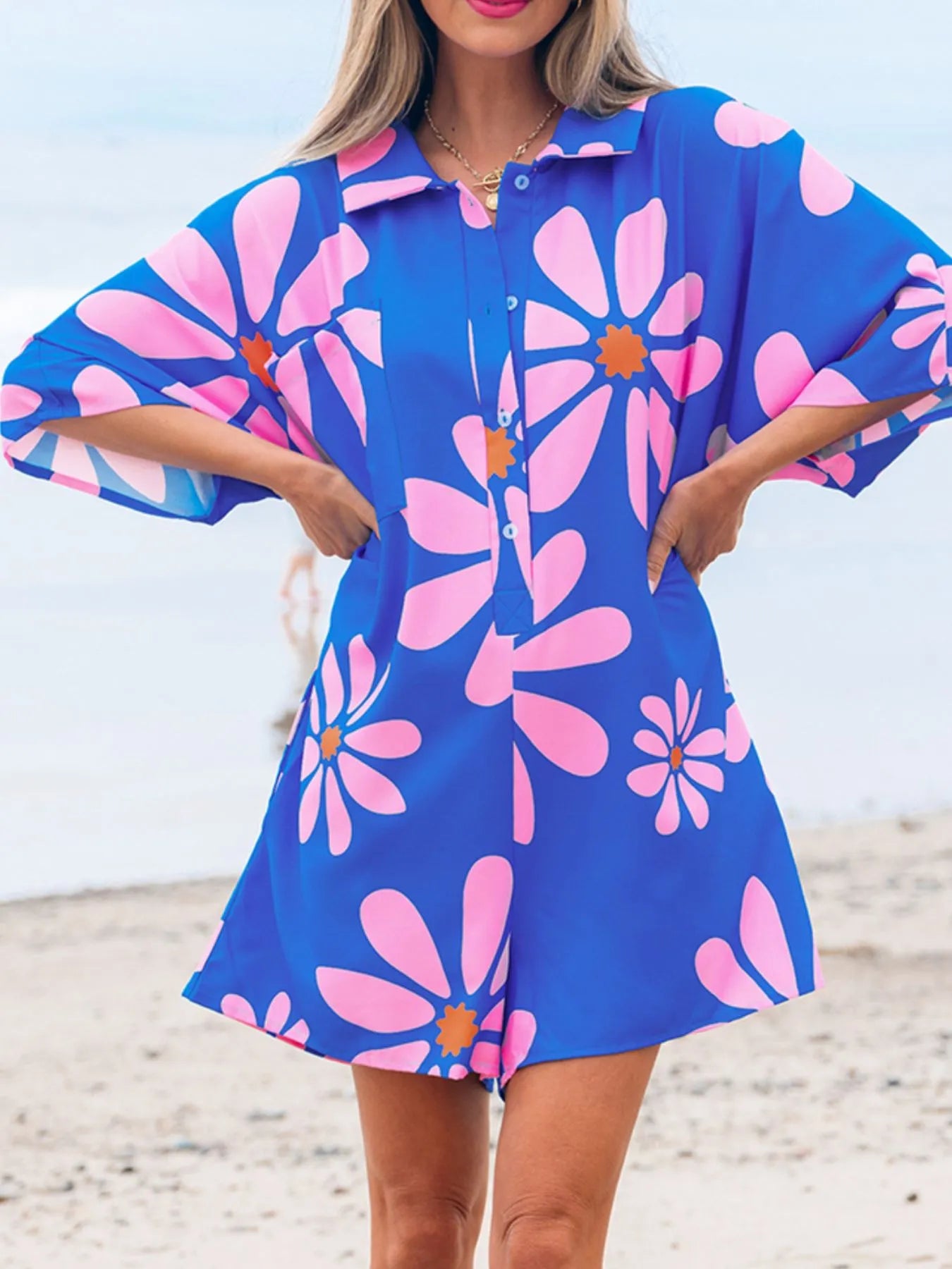 Summer Flower Print Shirt Collar Button Front Loose Romper - Roe Creation