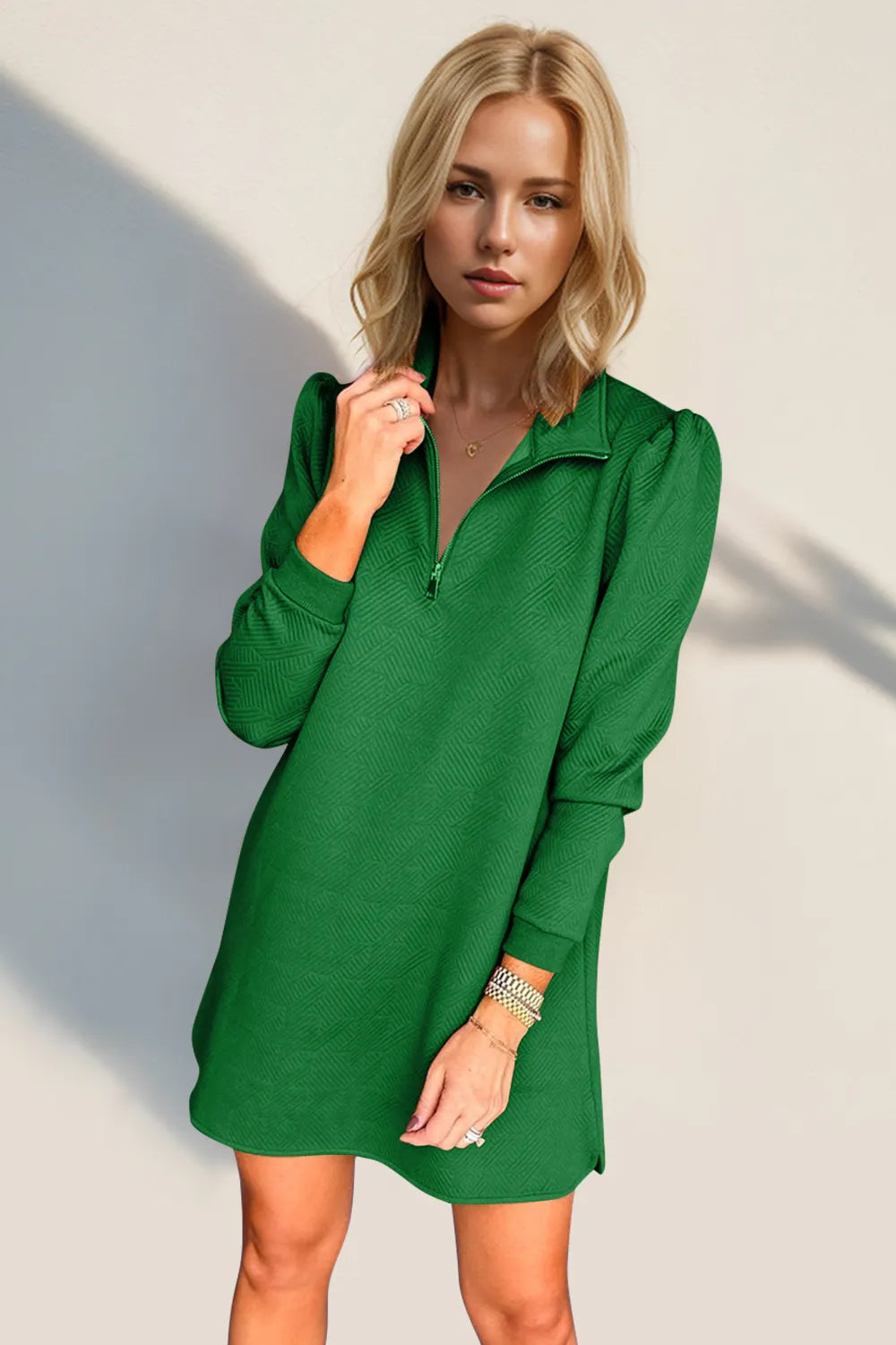 Double Take Textured Quarter Zip Long Sleeve Dress - Roe Creation