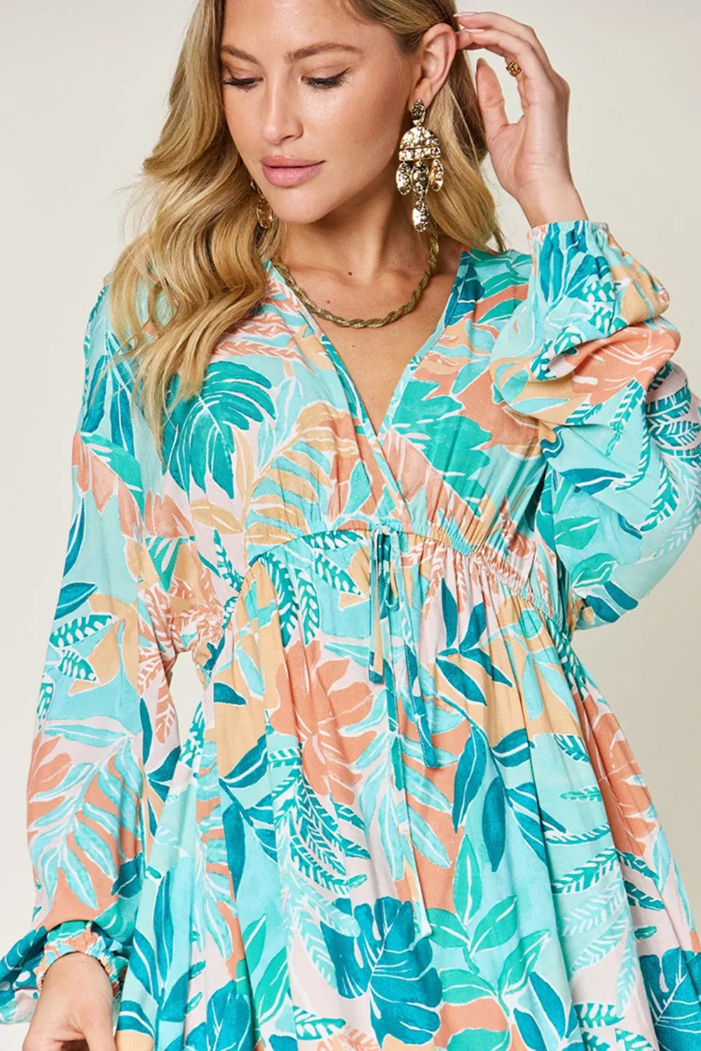 Double Take Full Size Printed V-Neck Drawstring Dress - Roe Creation