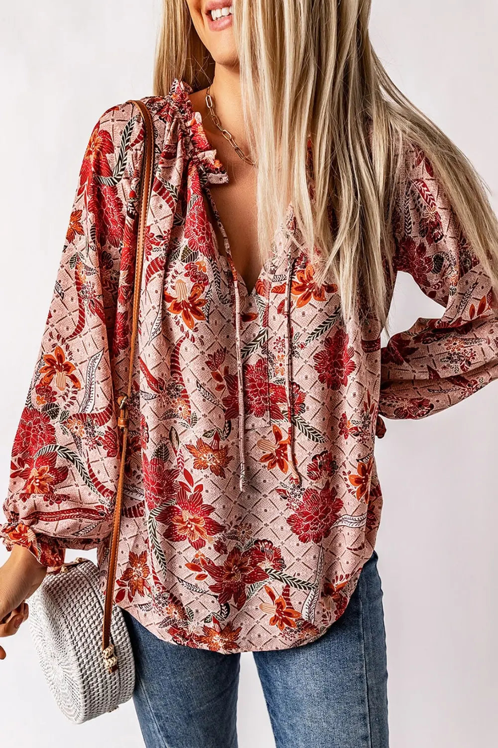 Women’s Floral Tie Neck Blouse with Flounce Sleeves – Elegant Spring Top - Roe Creation