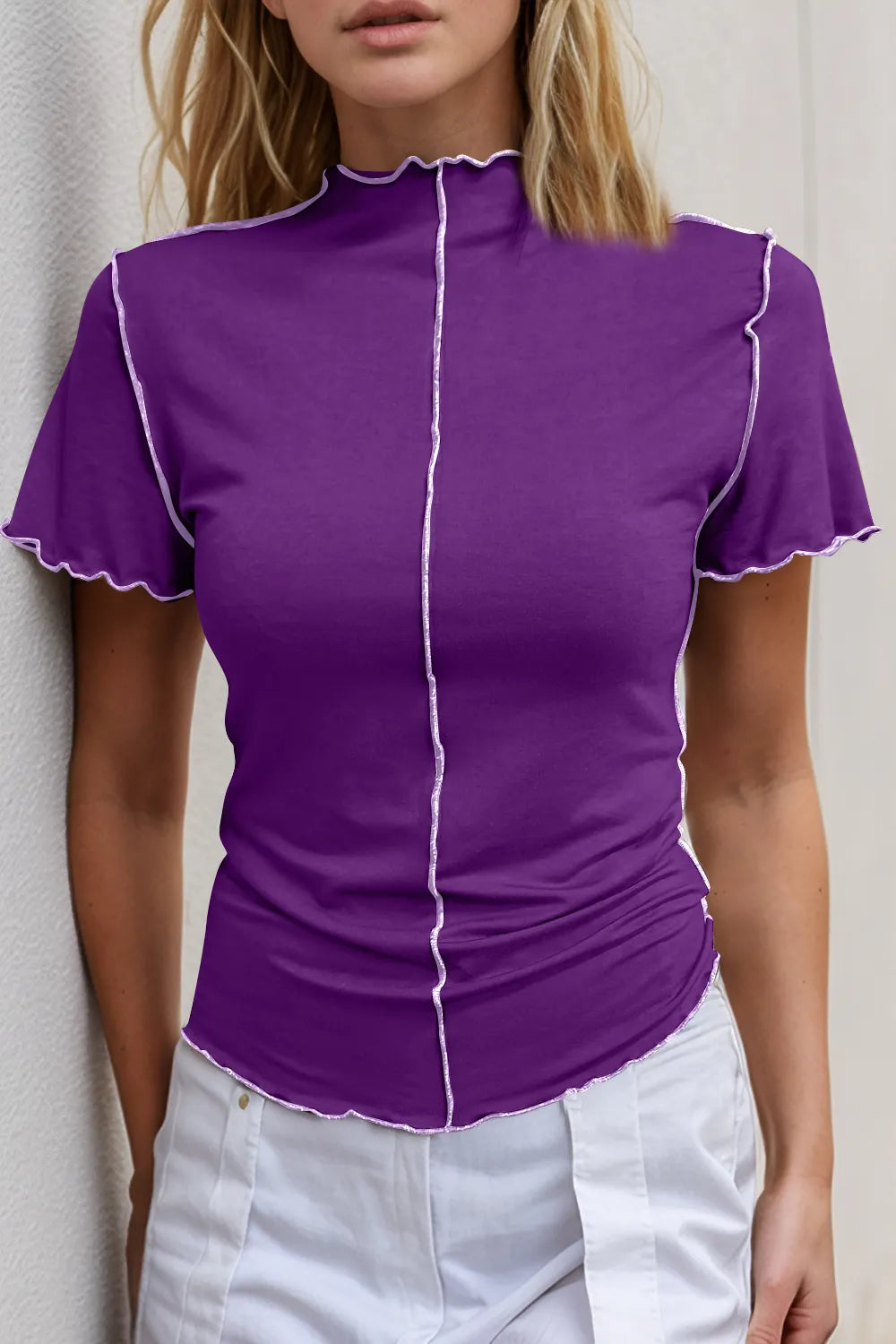 Basic Bae Contrast Trim Mock Neck Short Sleeve T-Shirt - Roe Creation